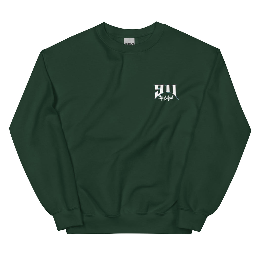 Green sweatshirt with a logo on the chest against a white background