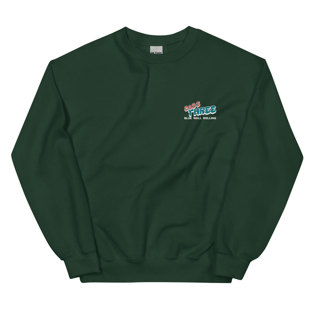 Green sweatshirt with a logo on the chest against a white background