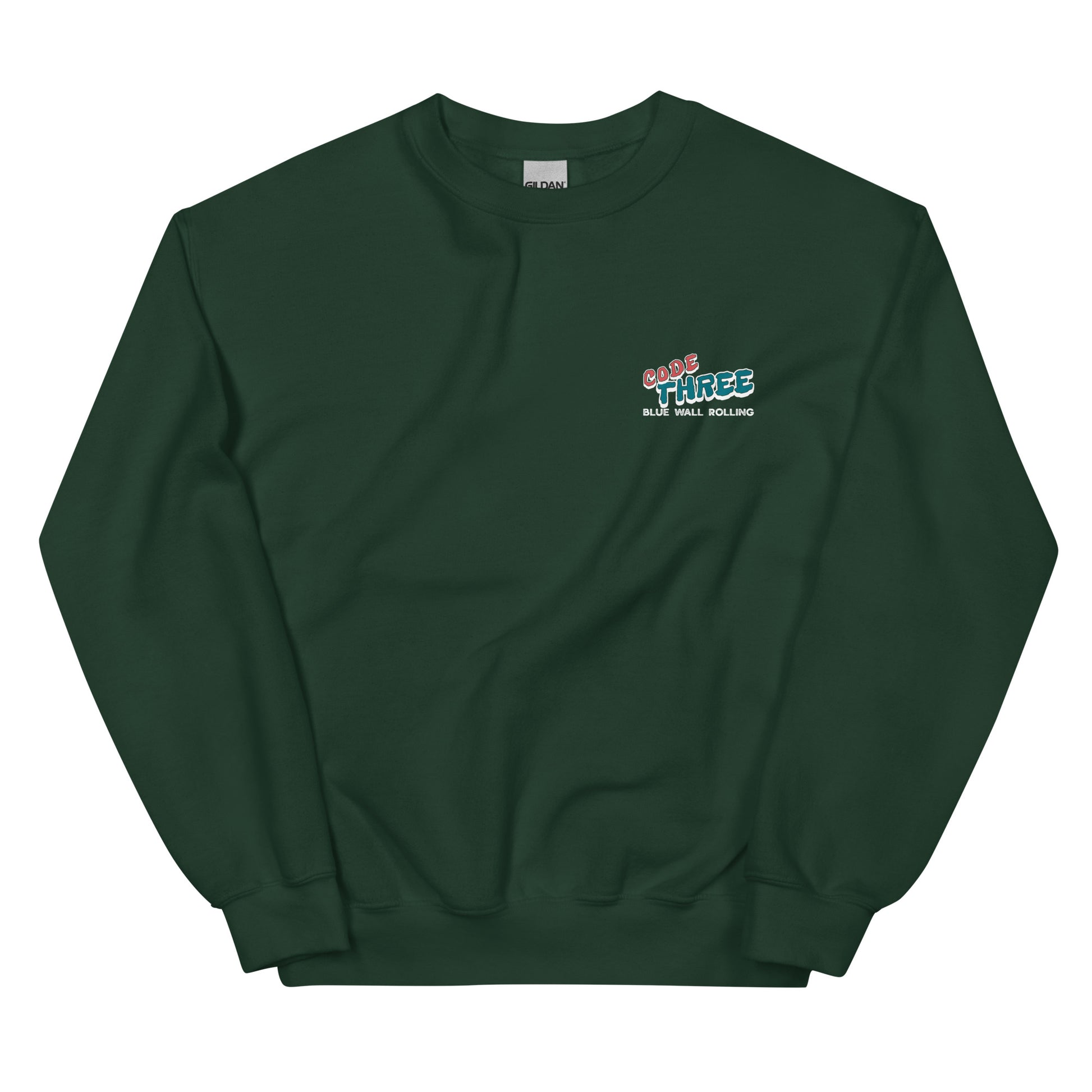Green sweatshirt with a logo on the chest against a white background