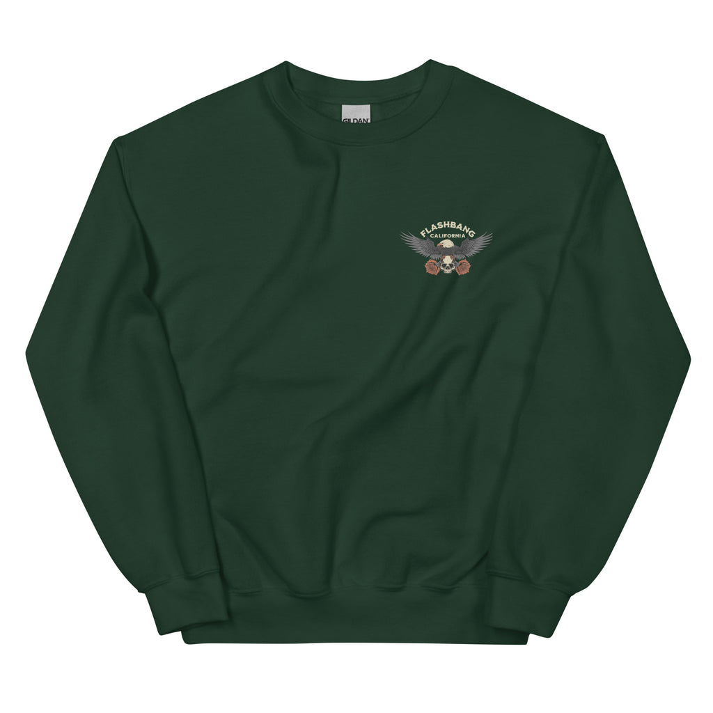 Green sweatshirt with a logo on the chest against a white background
