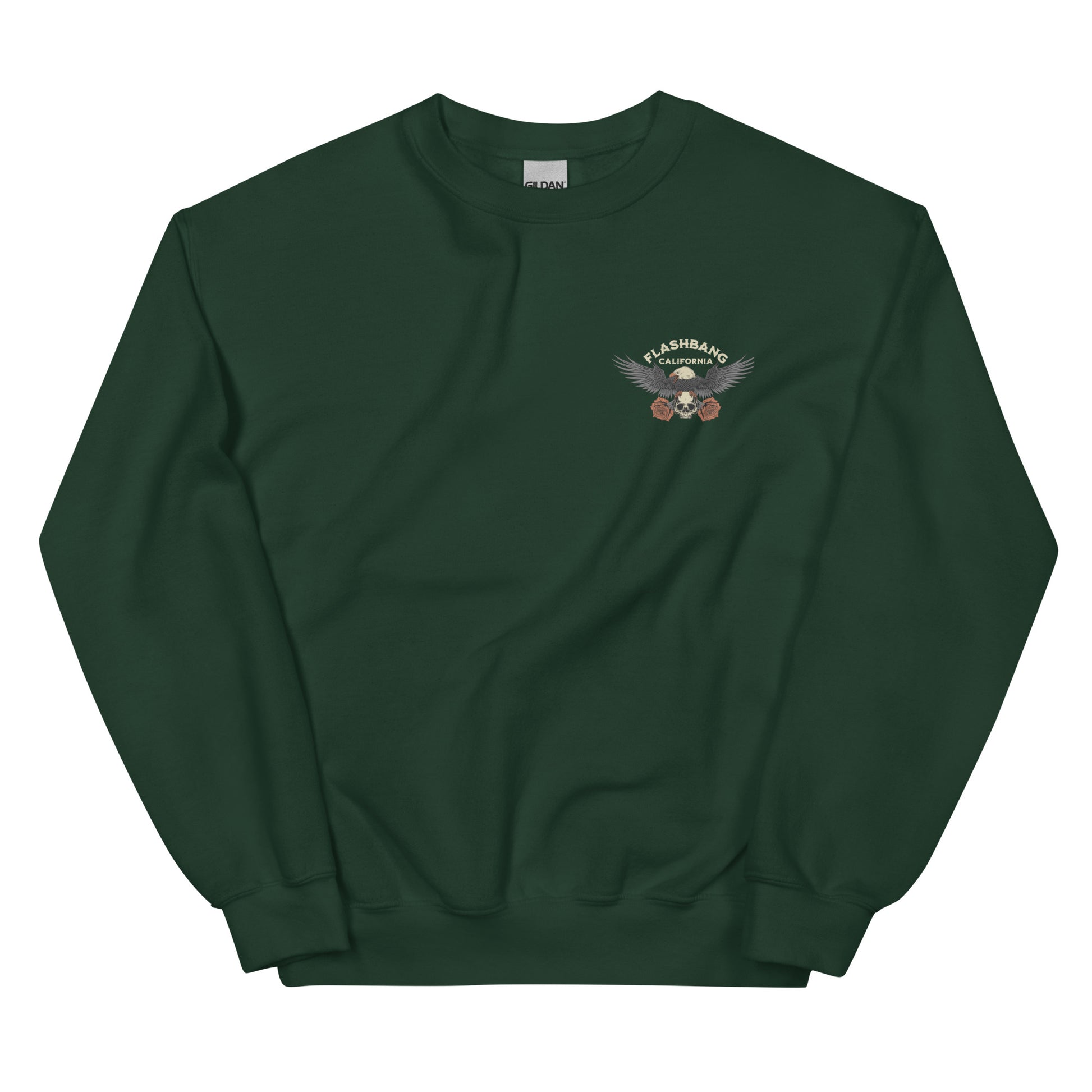 Green sweatshirt with a logo on the chest against a white background