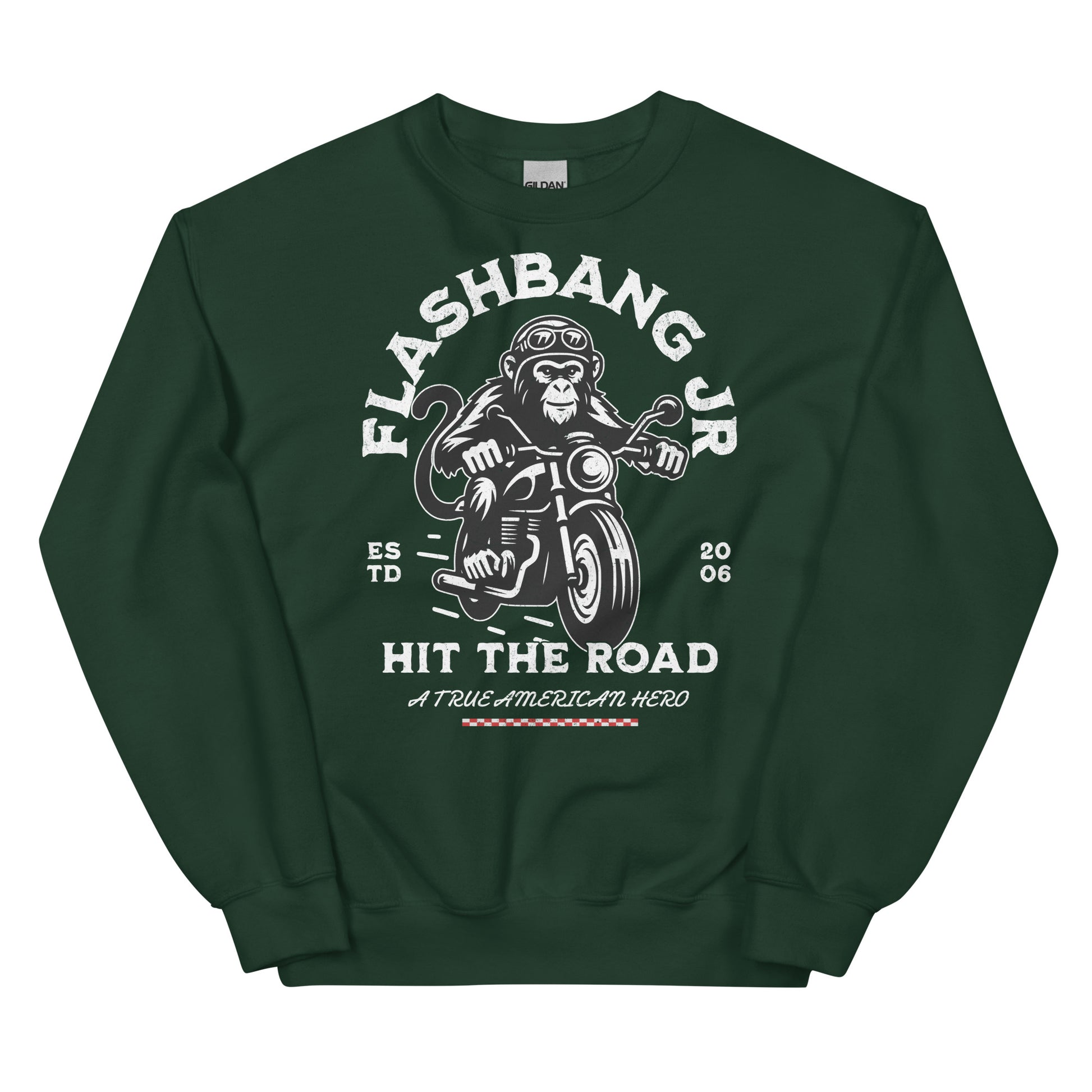 Green sweatshirt with monkey on a motorcycle graphic and text on a white background
