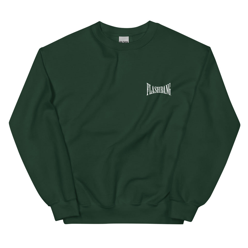 Green sweatshirt with 'Flashbang' logo on a white background