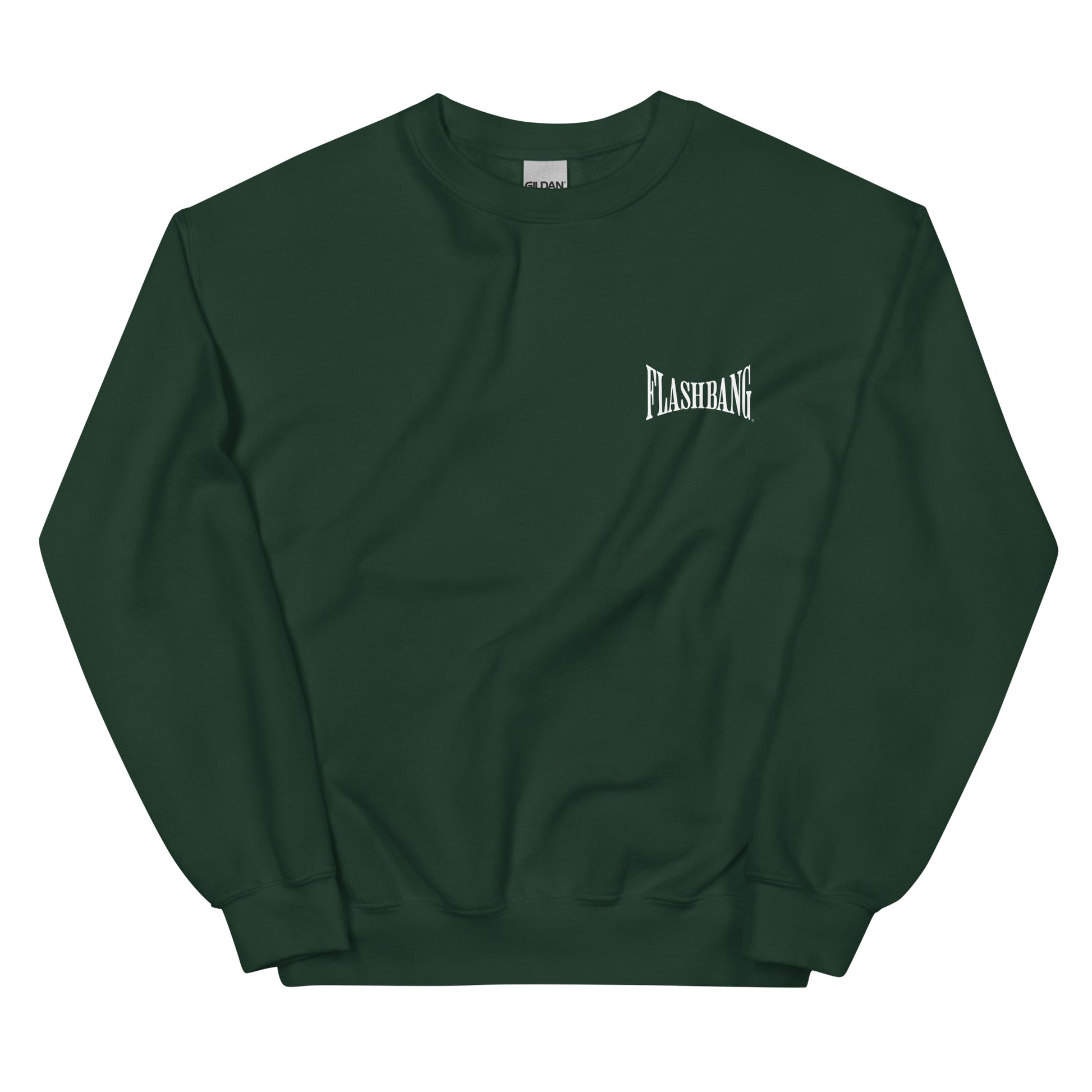 Green sweatshirt with 'Flashbang' logo on a white background