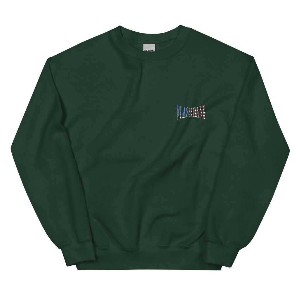 Green sweatshirt with a small logo on the chest against a white background