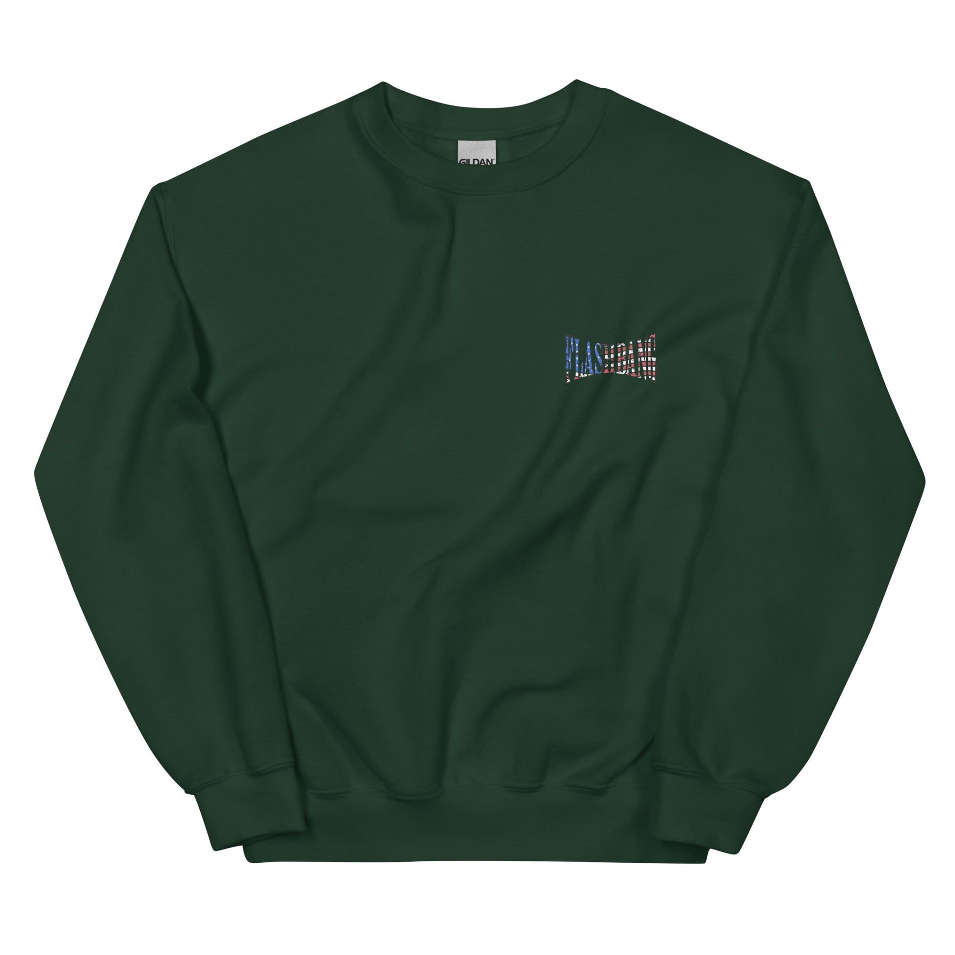 Green sweatshirt with a small logo on the chest against a white background