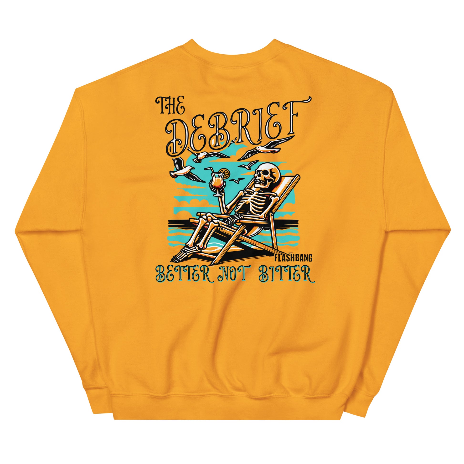 Yellow sweatshirt with a skeleton design and text on a white background