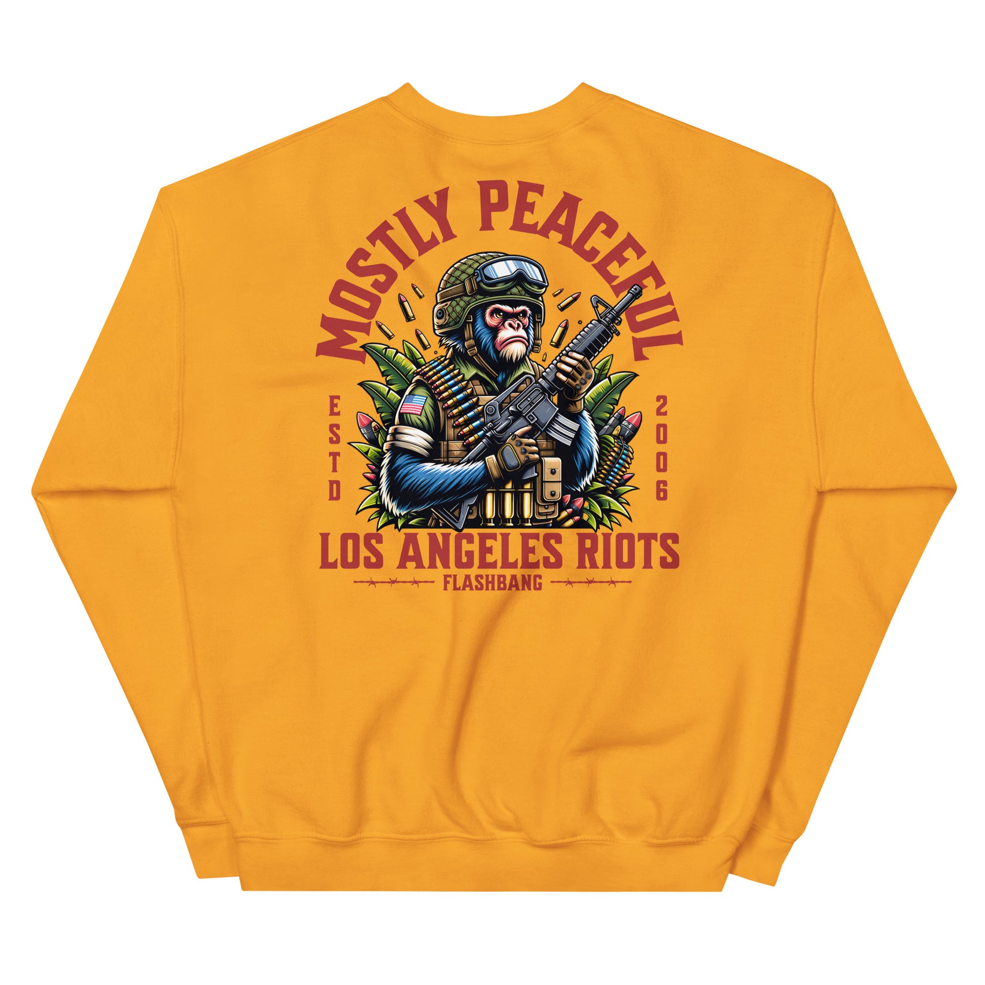 Yellow sweatshirt with graphic design and text on a white background