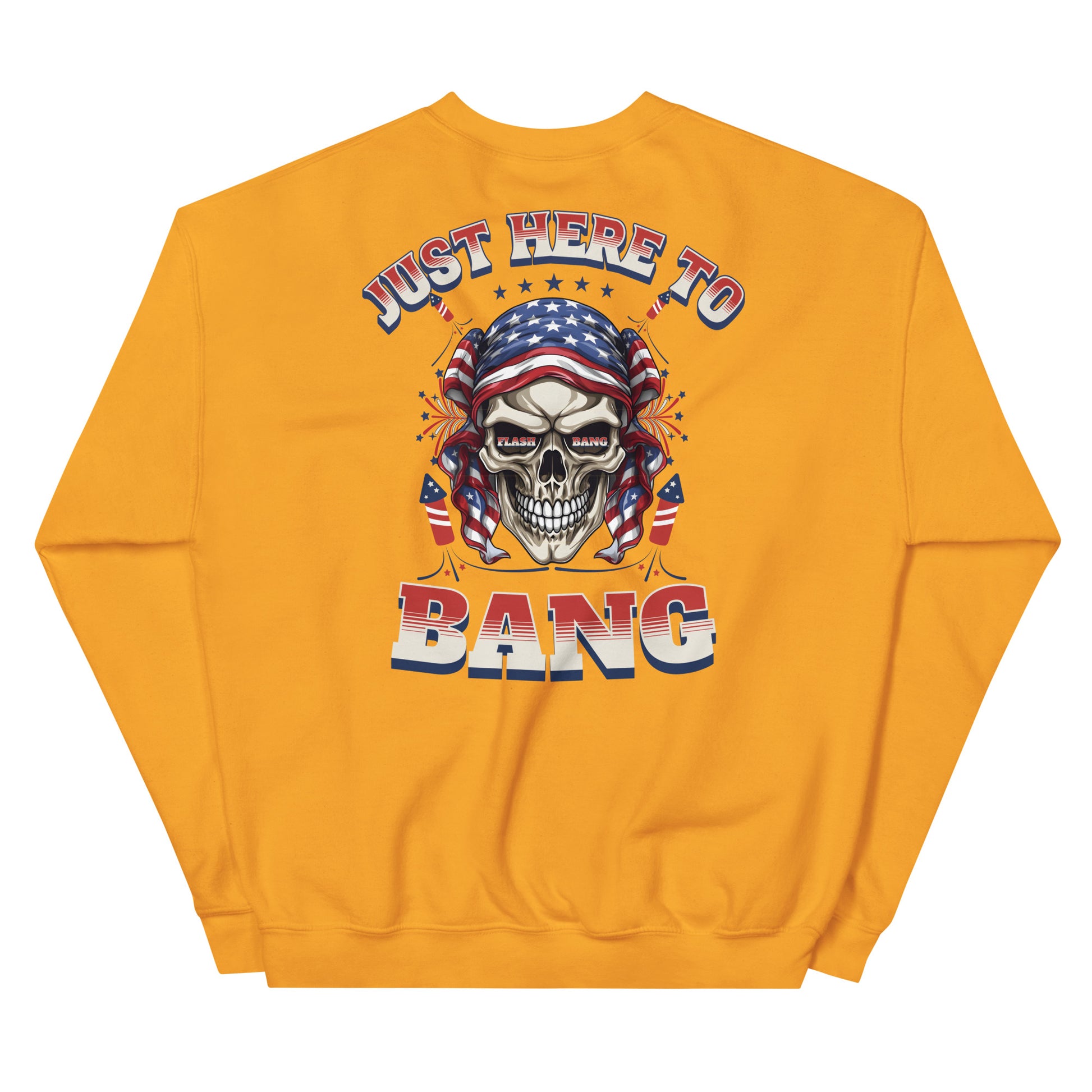 Yellow sweatshirt with a skull design and text on the back against a white background