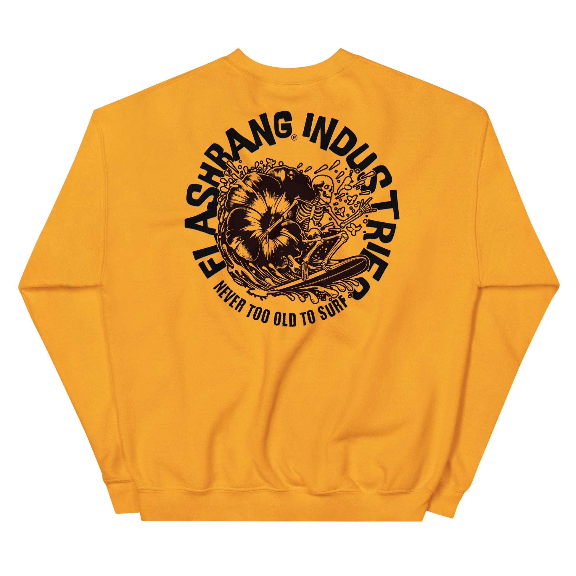 Yellow sweatshirt with black graphic and text on a white background