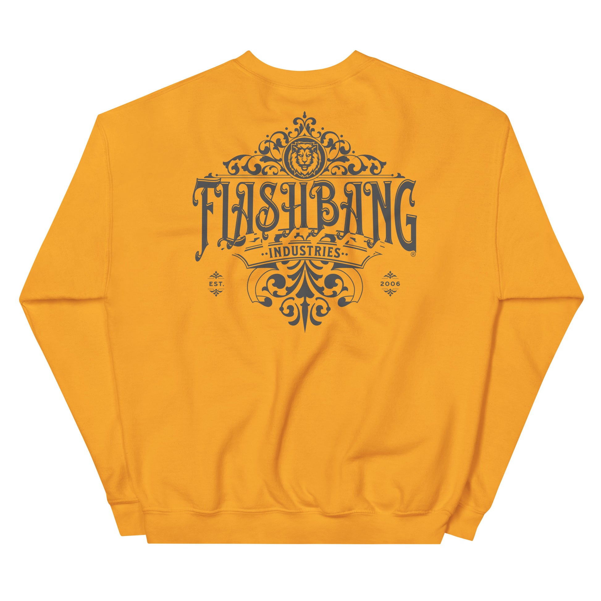 Yellow sweatshirt with 'Flashbang Industries' design on a white background