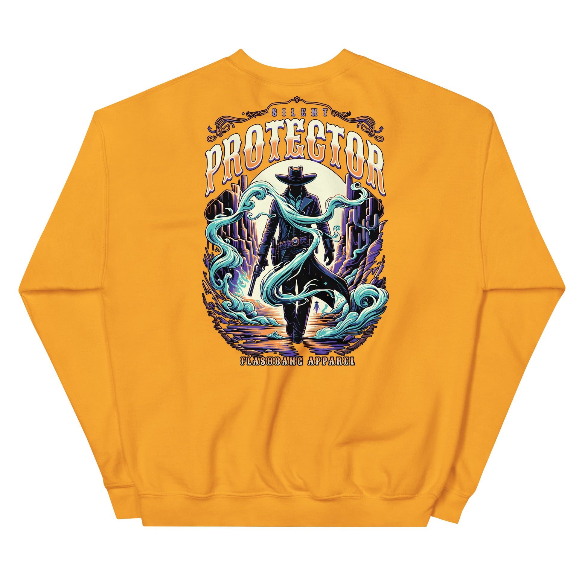 Yellow sweatshirt with a graphic design on the back featuring a person in a cowboy hat and a large creature.