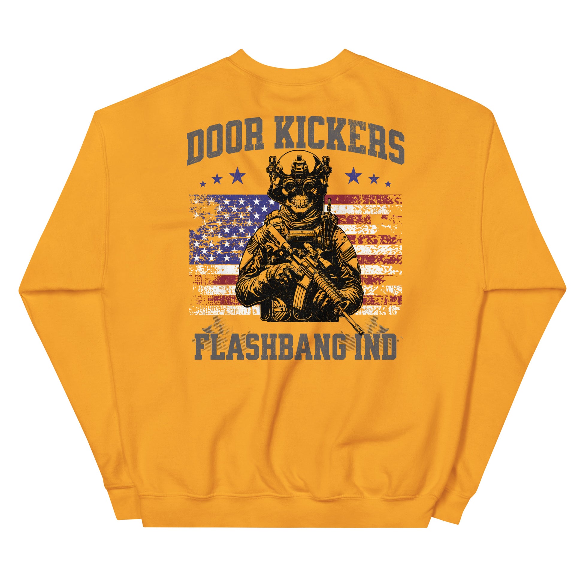 Yellow sweatshirt with graphic design and text on a white background