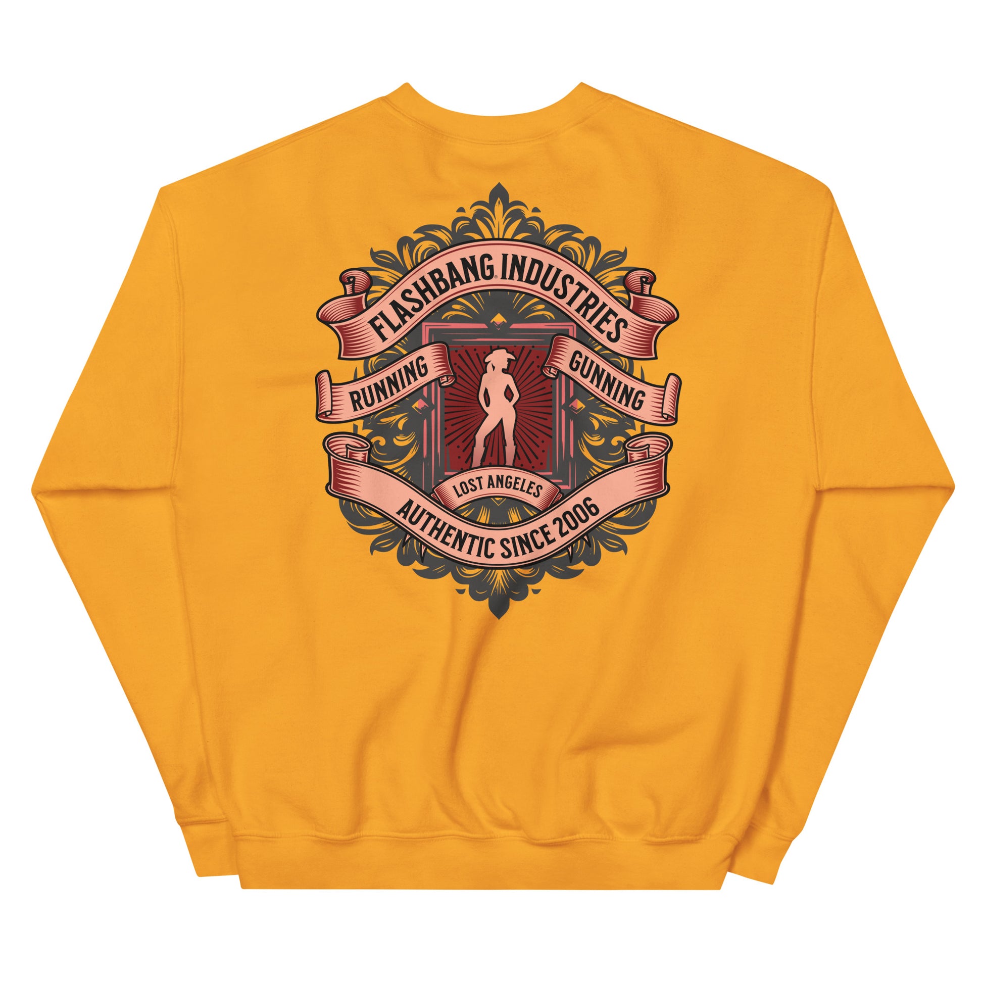 Yellow sweatshirt with a graphic design on the back on a white background