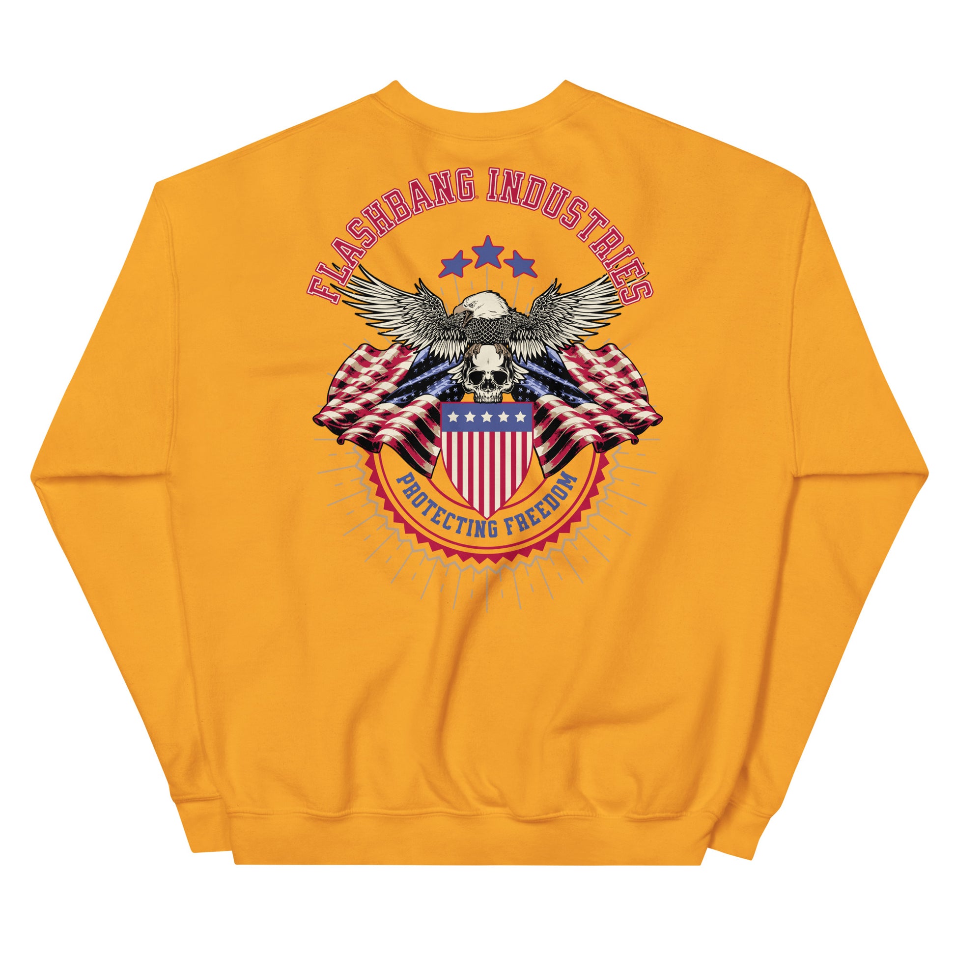 Yellow sweatshirt with an eagle and American flag design on the back, featuring the text 'Flashbang Industries Protecting Freedom'.