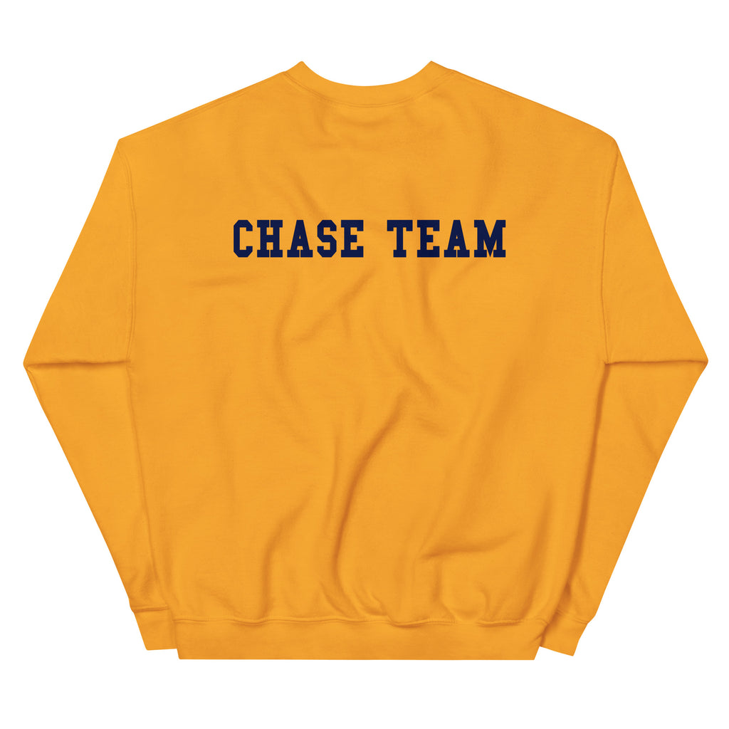 Yellow sweatshirt with 'CHASE TEAM' text on the back against a white background