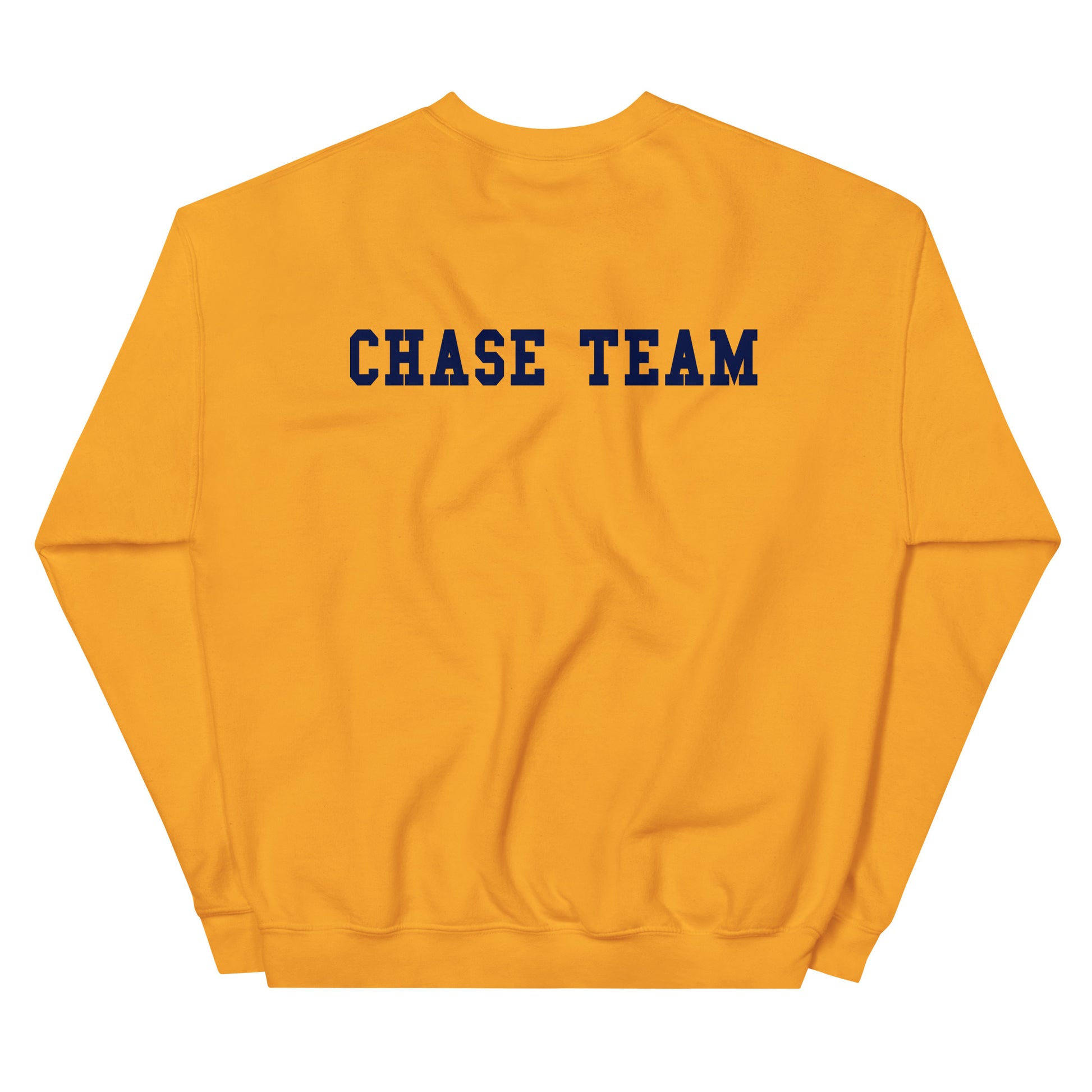 Yellow sweatshirt with 'CHASE TEAM' text on the back against a white background