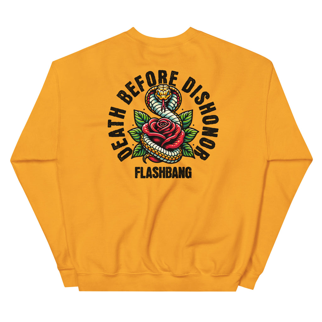 Yellow sweatshirt with 'Death Before Dishonor' graphic and 'Flashbang' branding on a white background