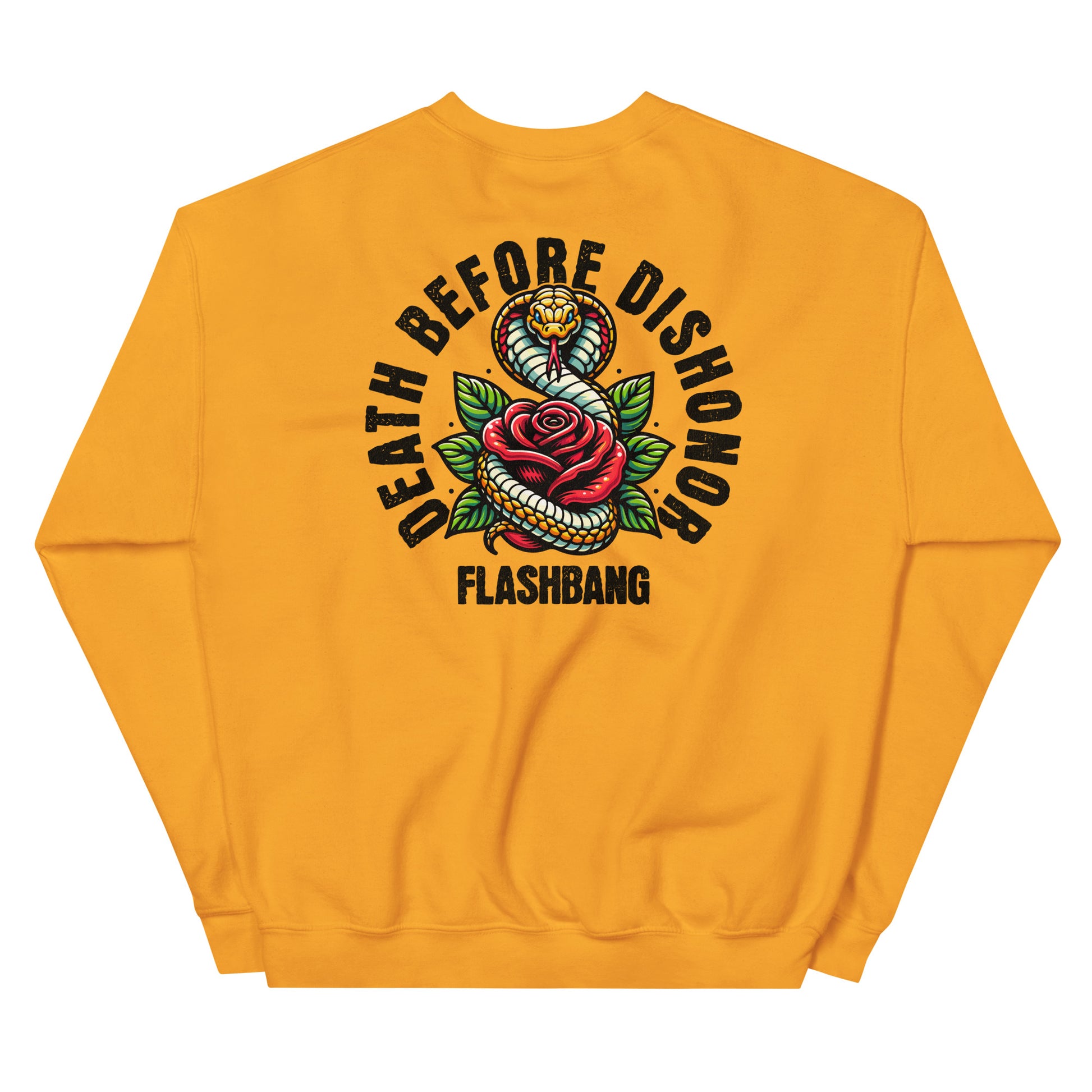 Yellow sweatshirt with 'Death Before Dishonor' graphic and 'Flashbang' branding on a white background
