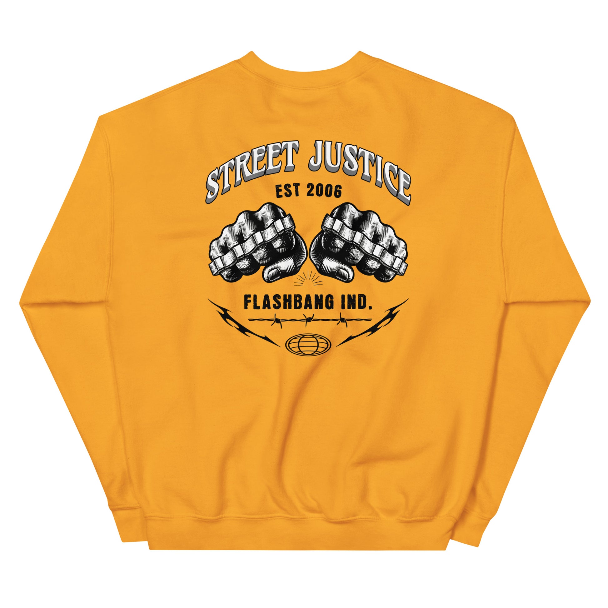 Yellow sweatshirt with black graphic design on a white background