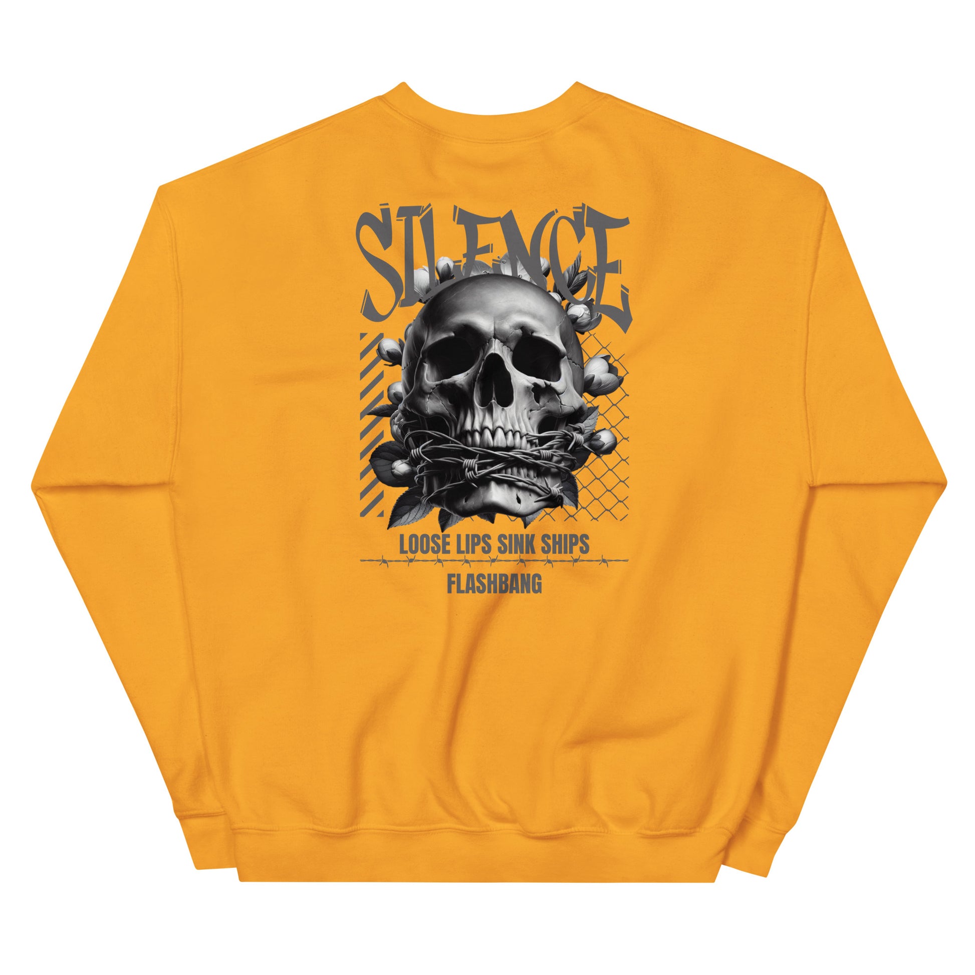 Yellow sweatshirt with a skull graphic and text on the back against a white background