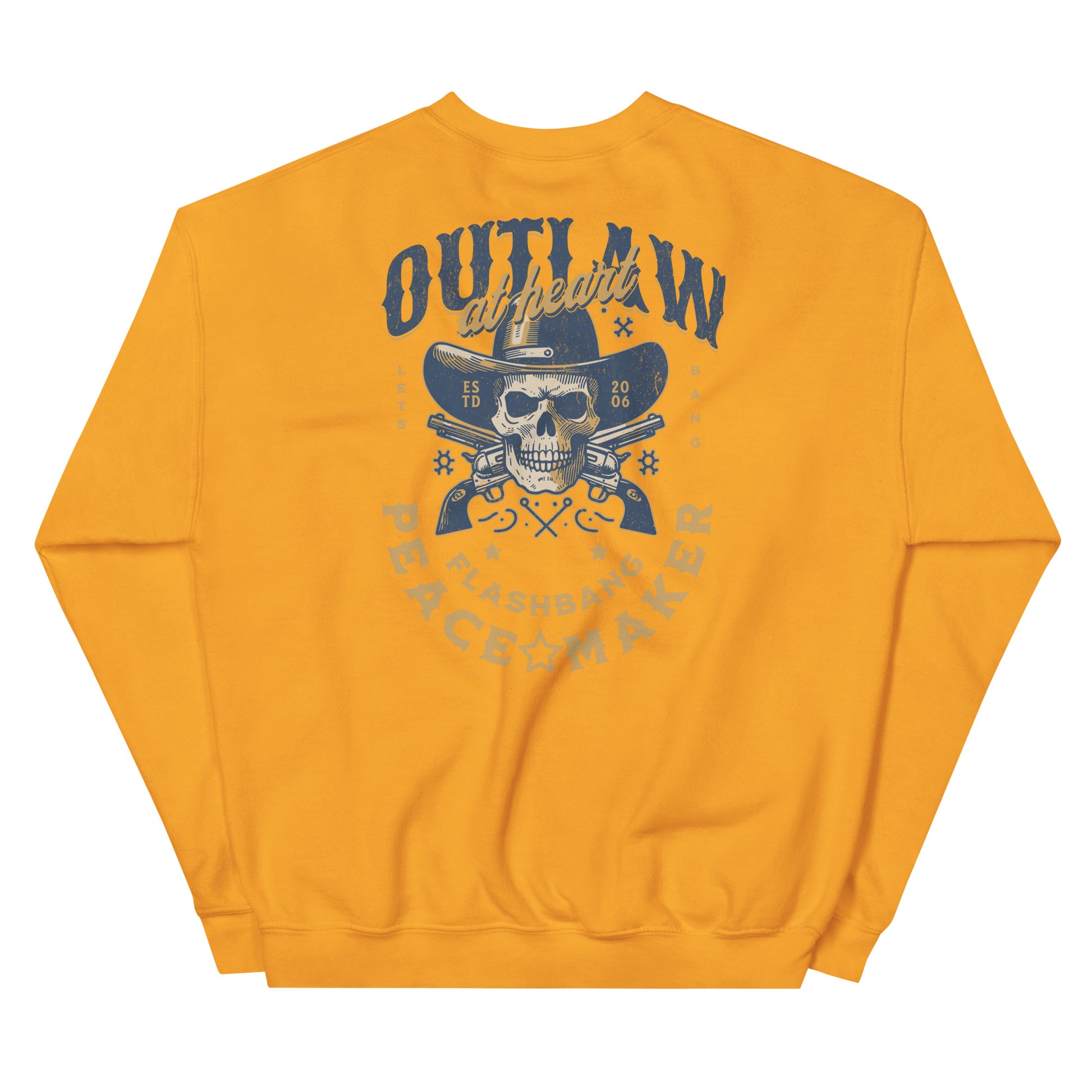 Yellow sweatshirt with a skull and hat graphic and text on a white background