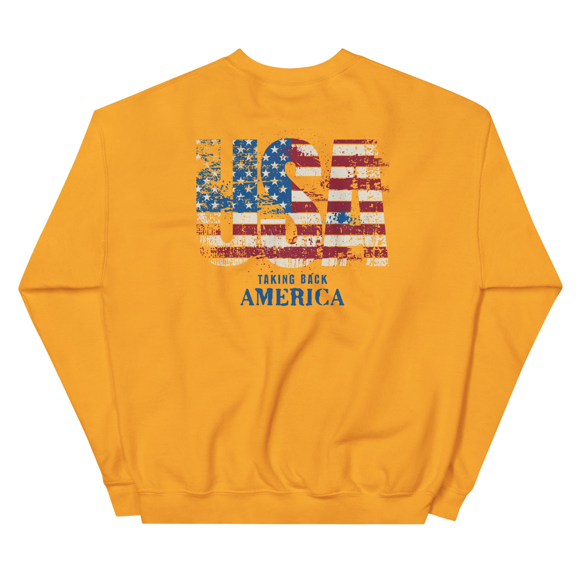 Yellow sweatshirt with American flag design and text on a white background