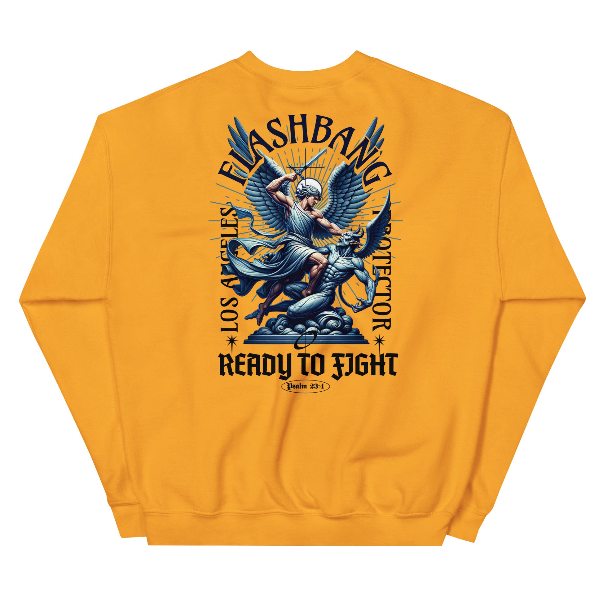 Yellow sweatshirt with graphic design on the back featuring an angel and text.