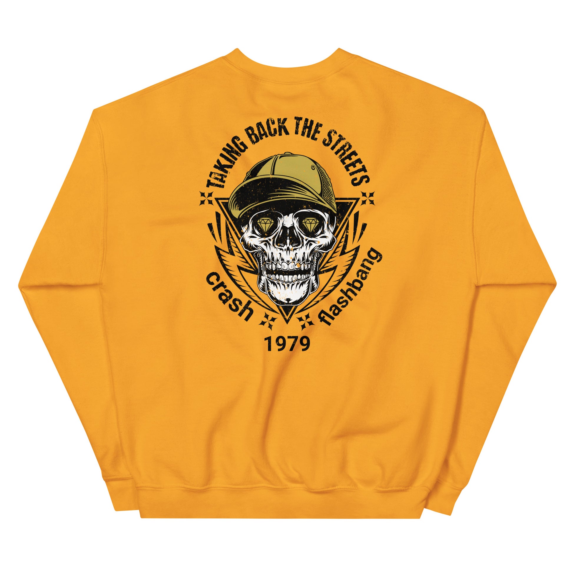 Yellow sweatshirt with a skull graphic and text on the back against a white background