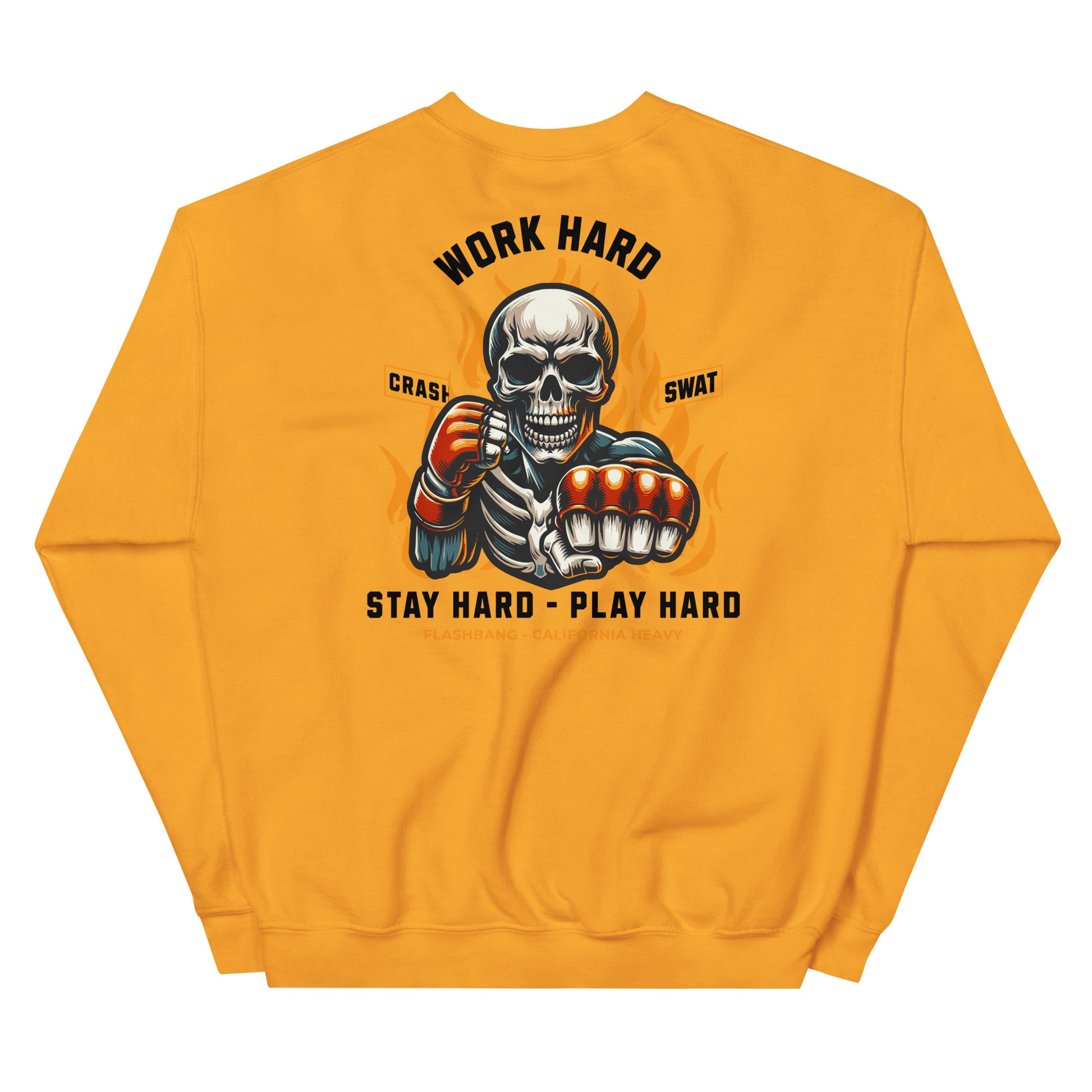 Yellow sweatshirt with a skeleton design and text on the back