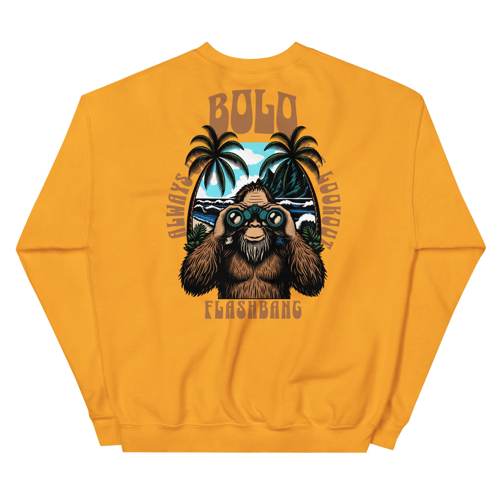 Yellow sweatshirt with a graphic of a bear holding binoculars and palm trees on the back.
