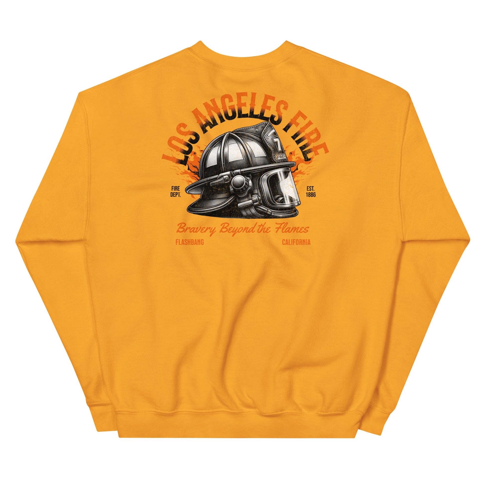 Yellow sweatshirt with a fire helmet graphic and text on the back