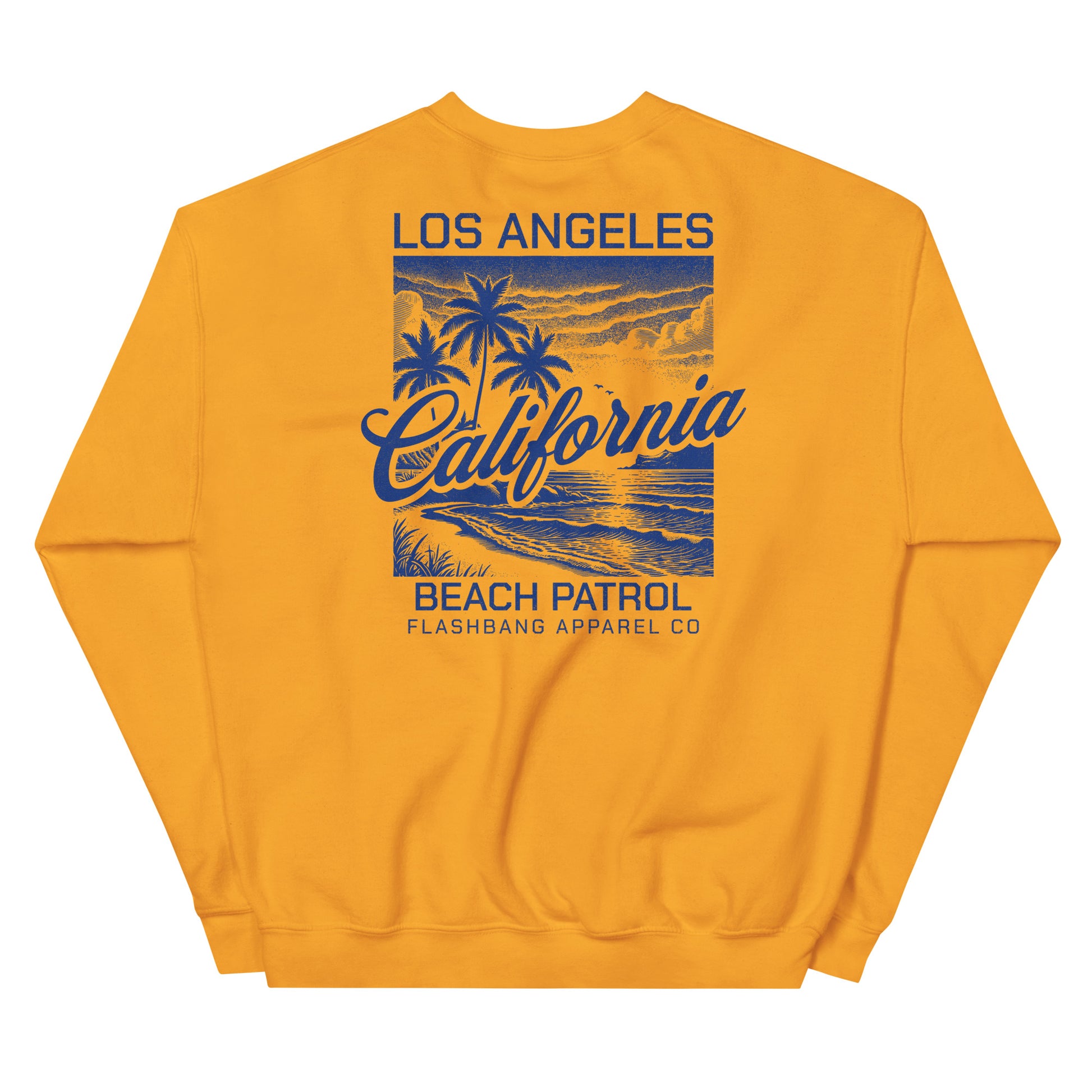 Yellow sweatshirt with 'Los Angeles California Beach Patrol' design on the back, featuring palm trees and waves.