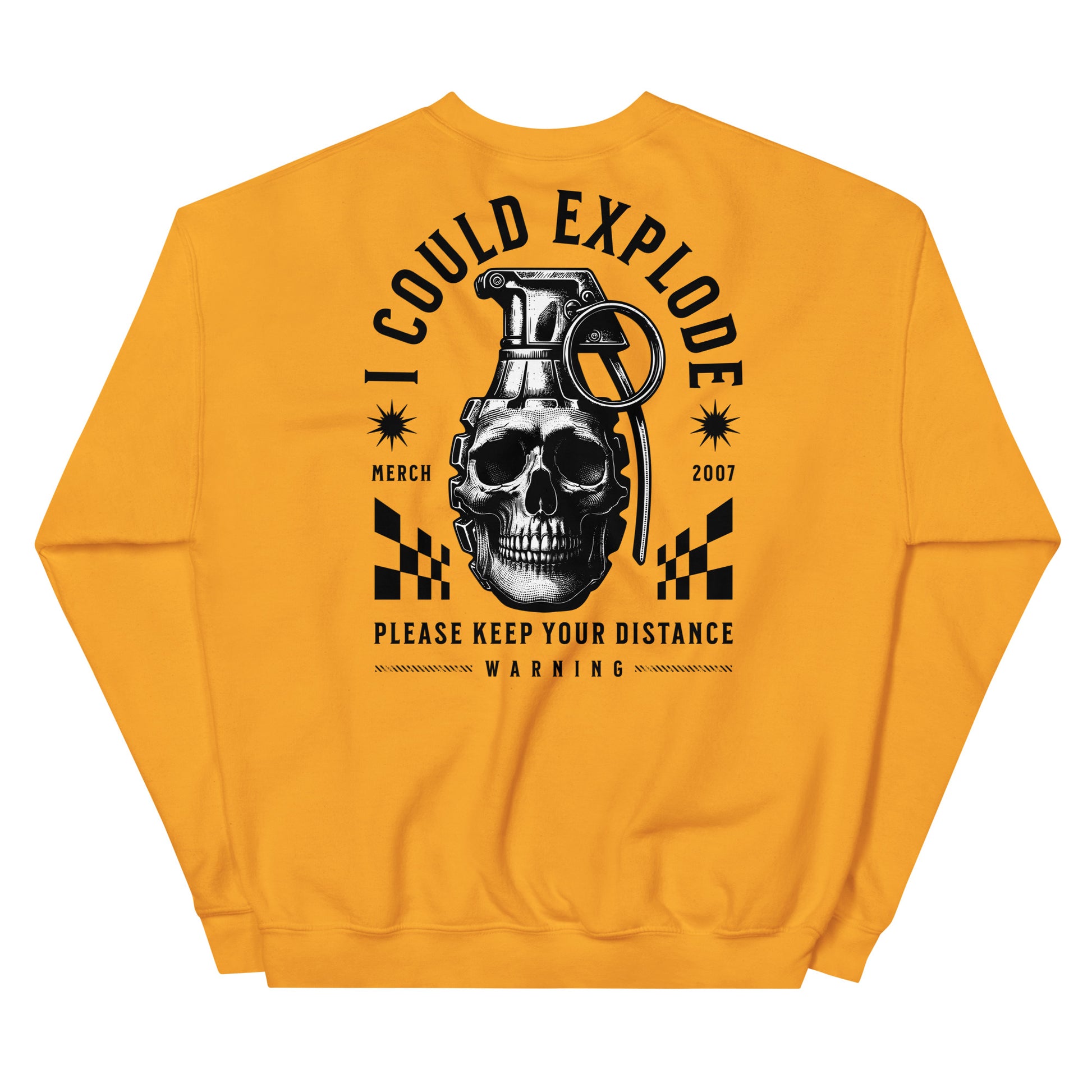 Yellow sweatshirt with a graphic design featuring a skull and grenade on the back.