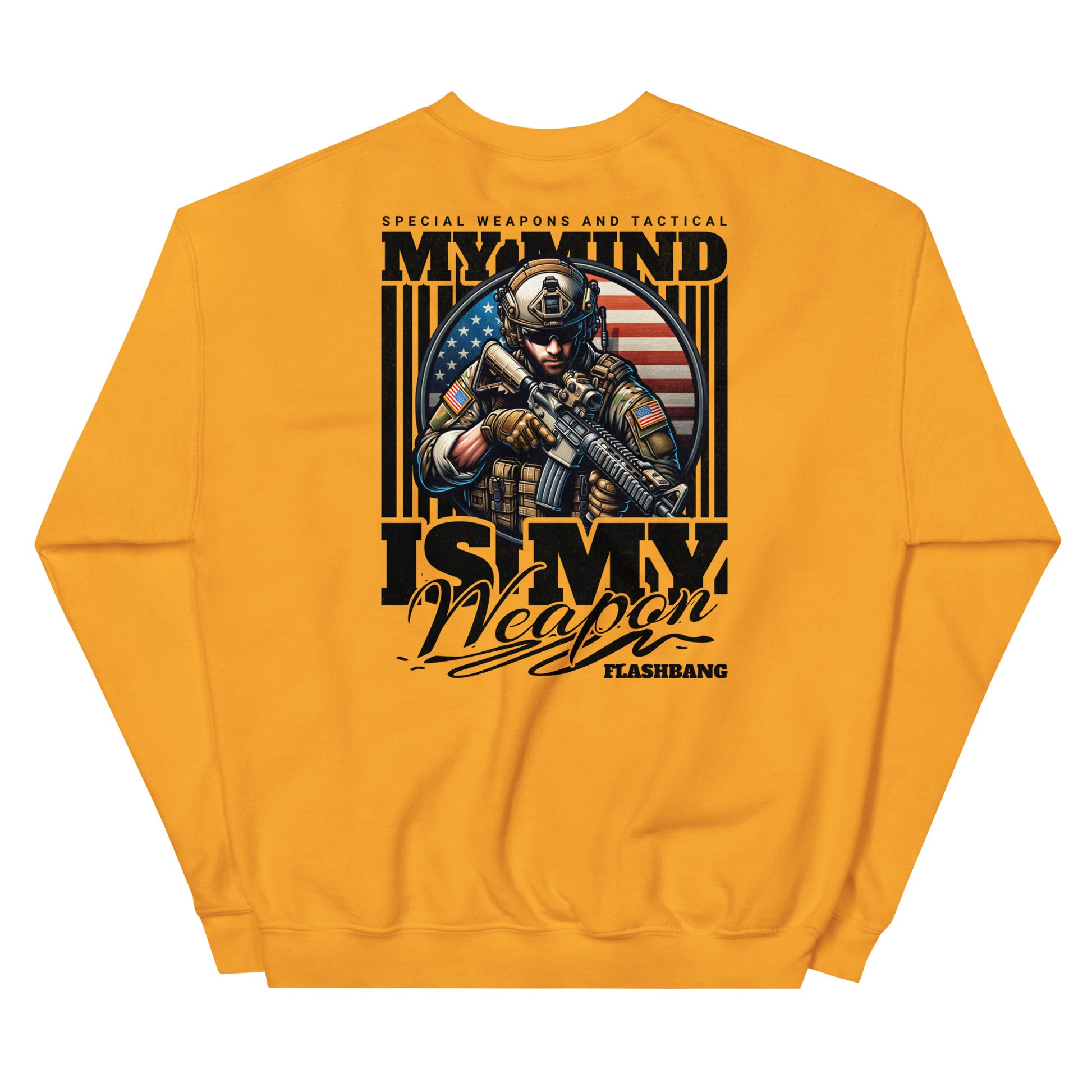 Yellow sweatshirt with graphic design of a soldier and text on a white background