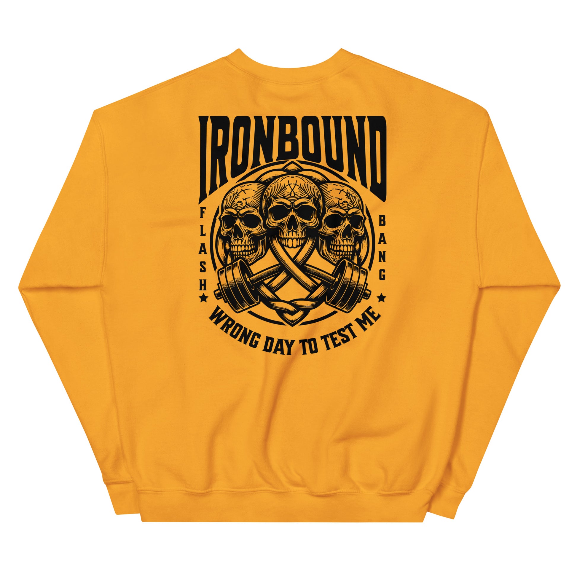 Yellow sweatshirt with black graphic design and text on a white background