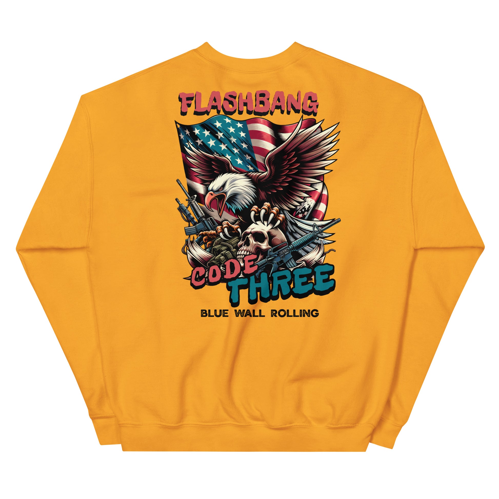 Yellow sweatshirt with graphic design featuring an eagle, skull, and American flag on a white background