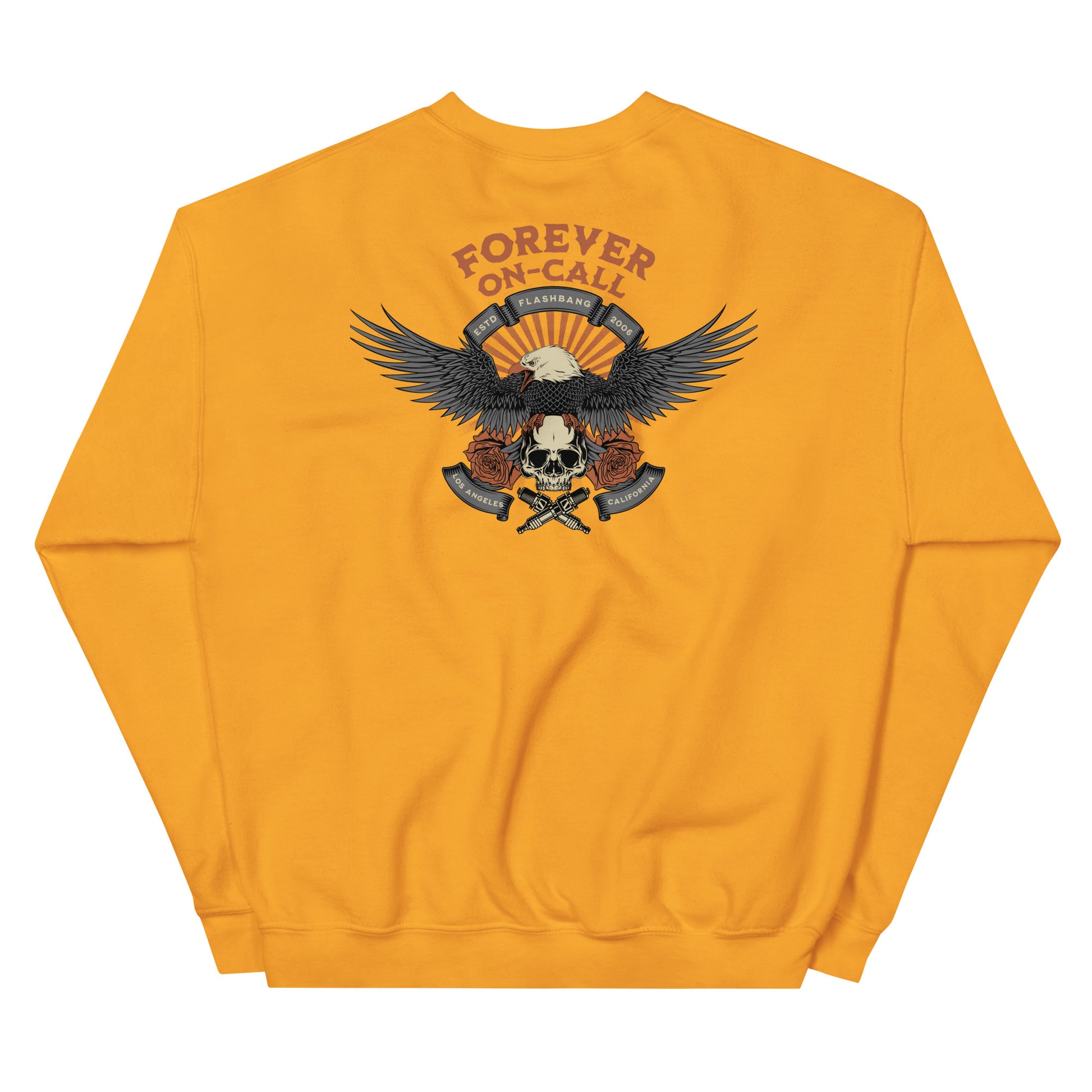 Yellow sweatshirt with an eagle and skull design on the back, featuring the text 'Forever On Call'.