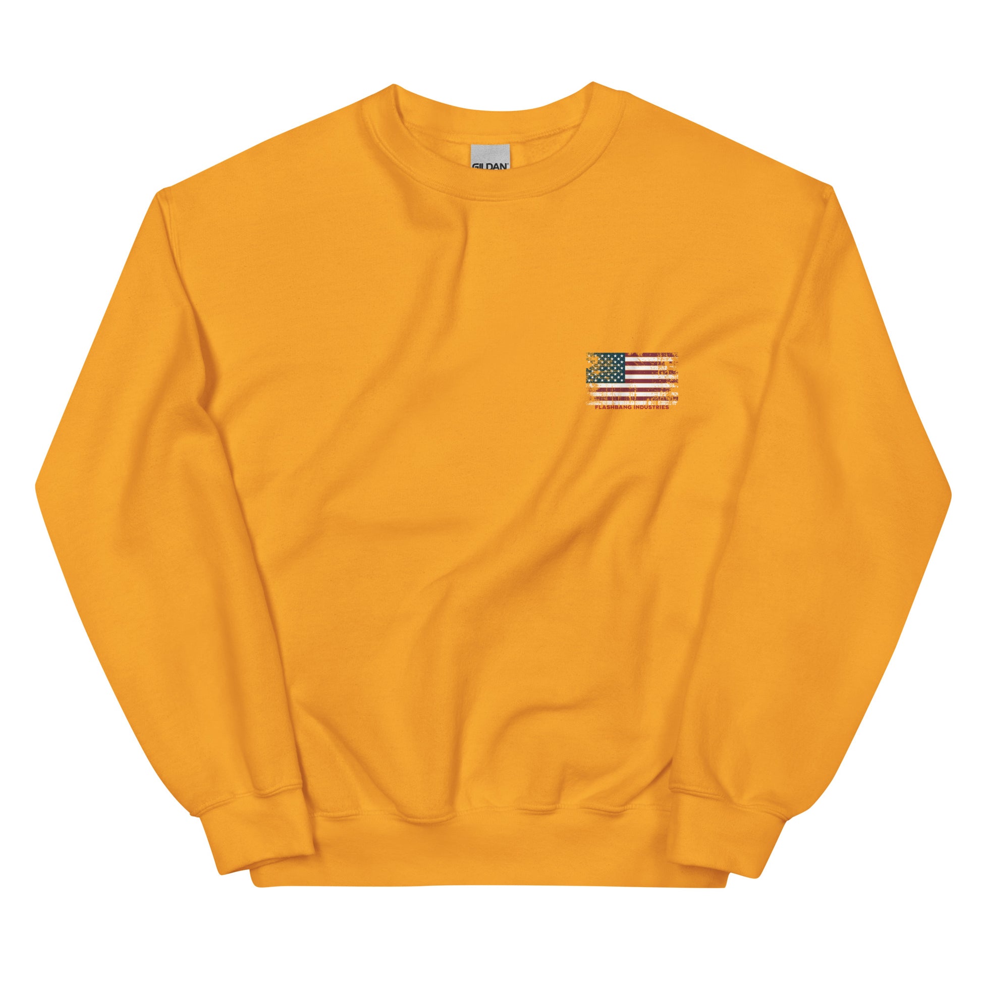 Yellow sweatshirt with a small American flag patch on a white background