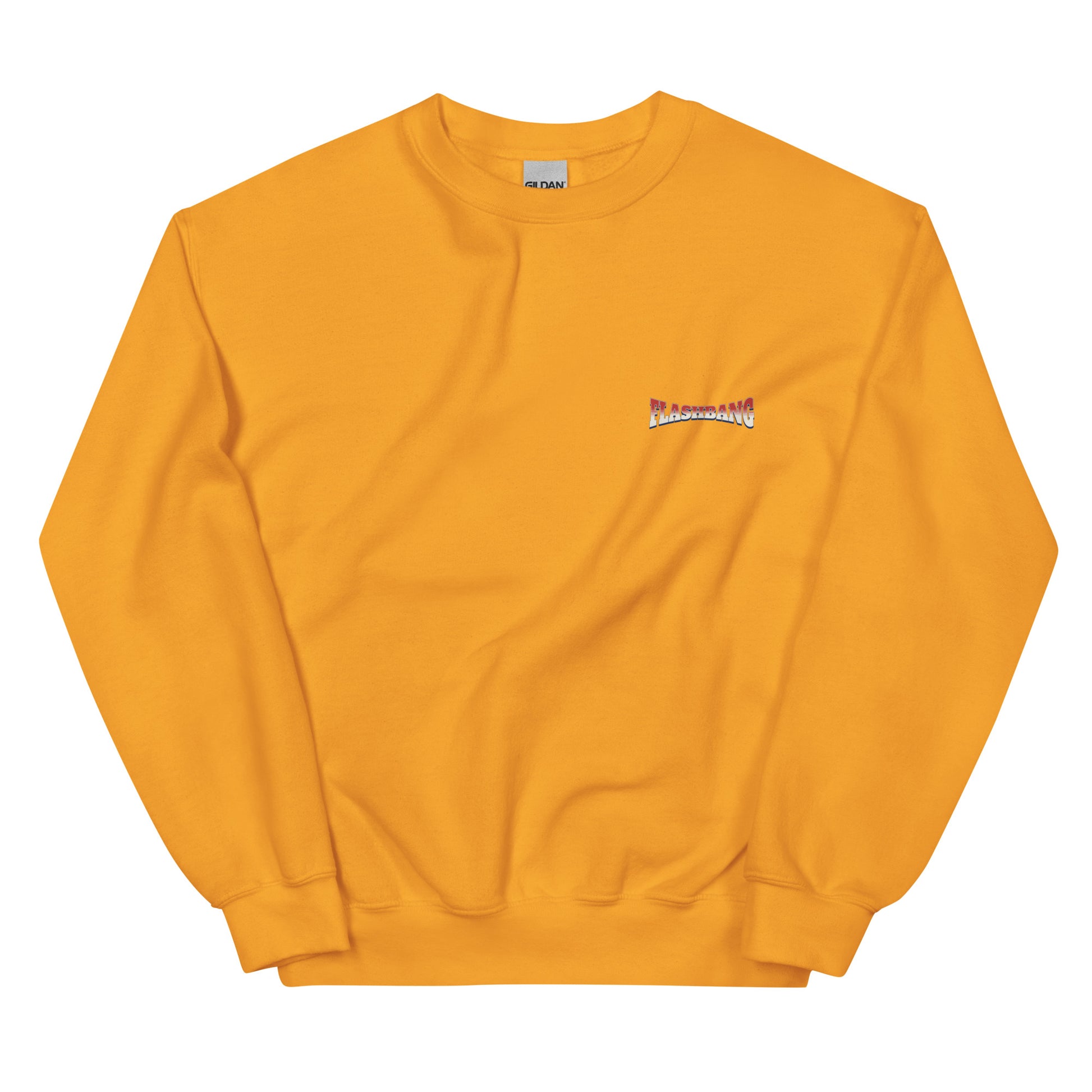 Yellow sweatshirt with a small logo on the chest against a white background