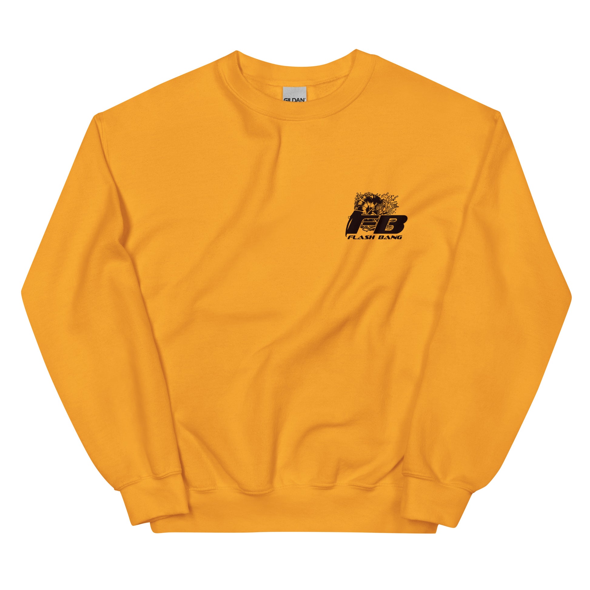 Yellow sweatshirt with a logo on the chest against a white background