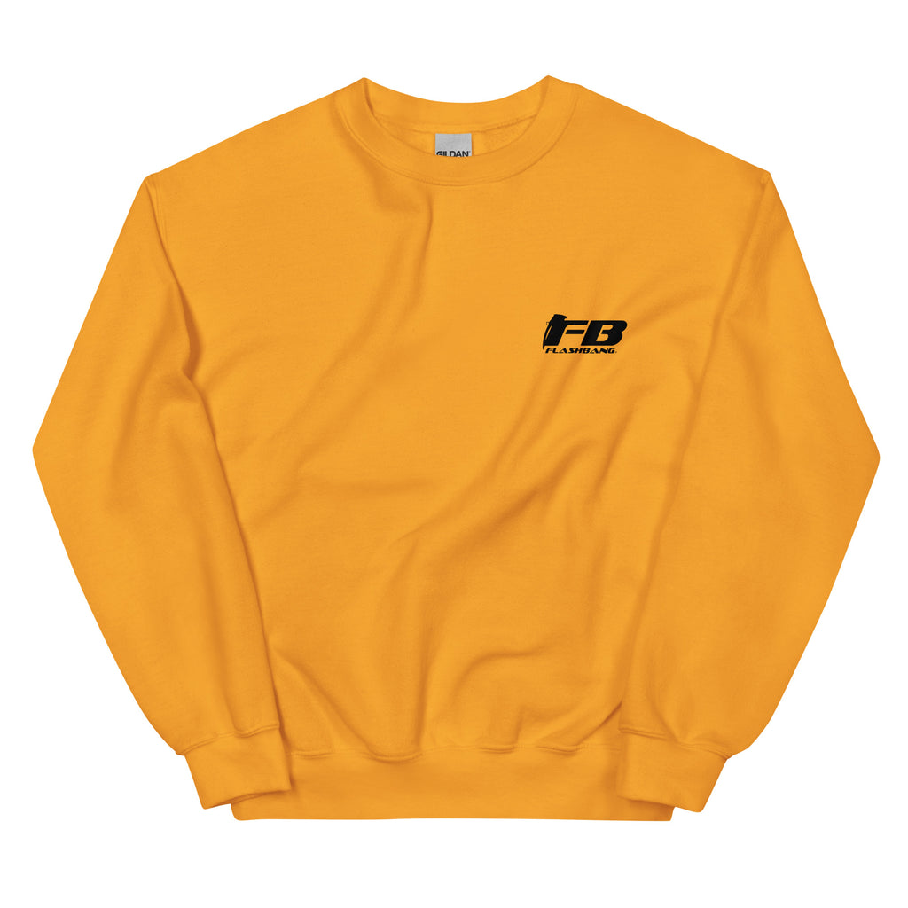 Yellow sweatshirt with a logo on the chest against a white background