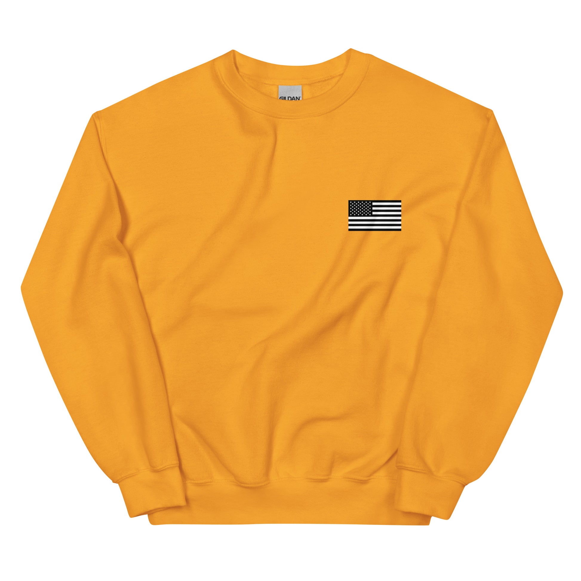 Yellow sweatshirt with a small American flag patch on a white background
