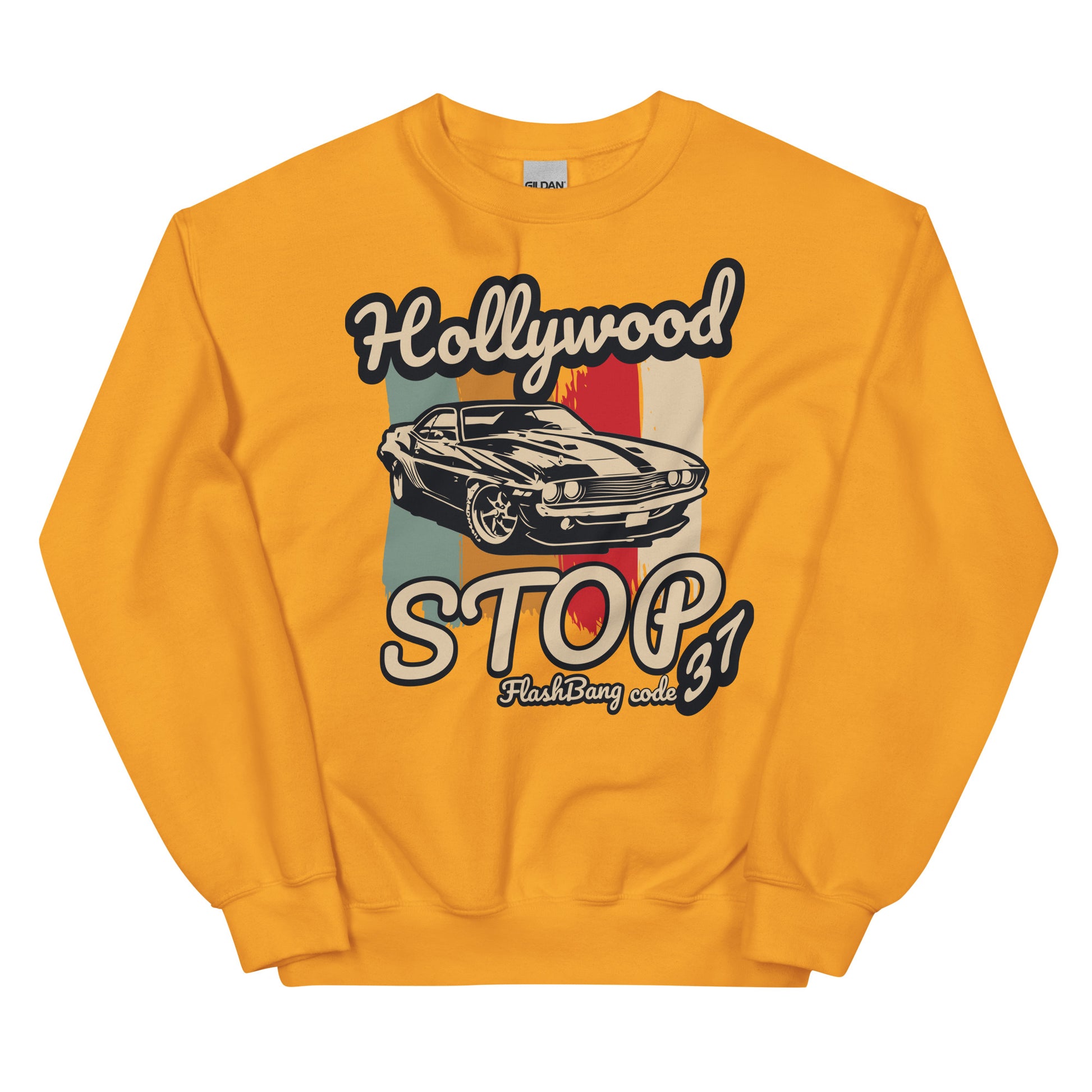 Yellow sweatshirt with a graphic of a car and text on a white background