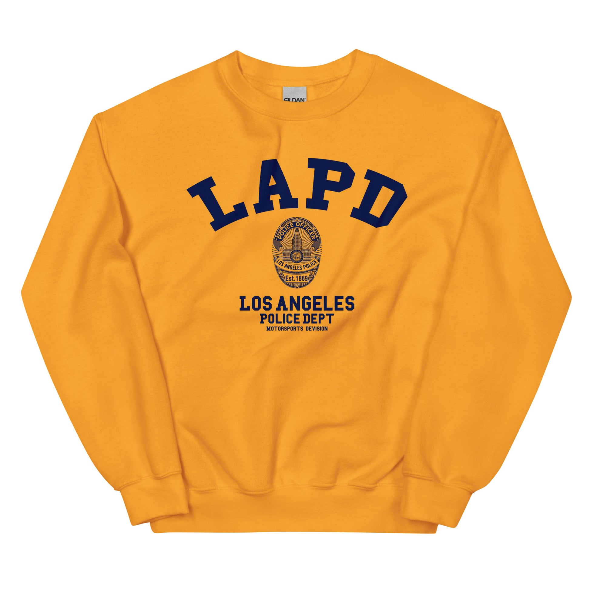 Yellow sweatshirt with LAPD Los Angeles Police Dept logo on a white background