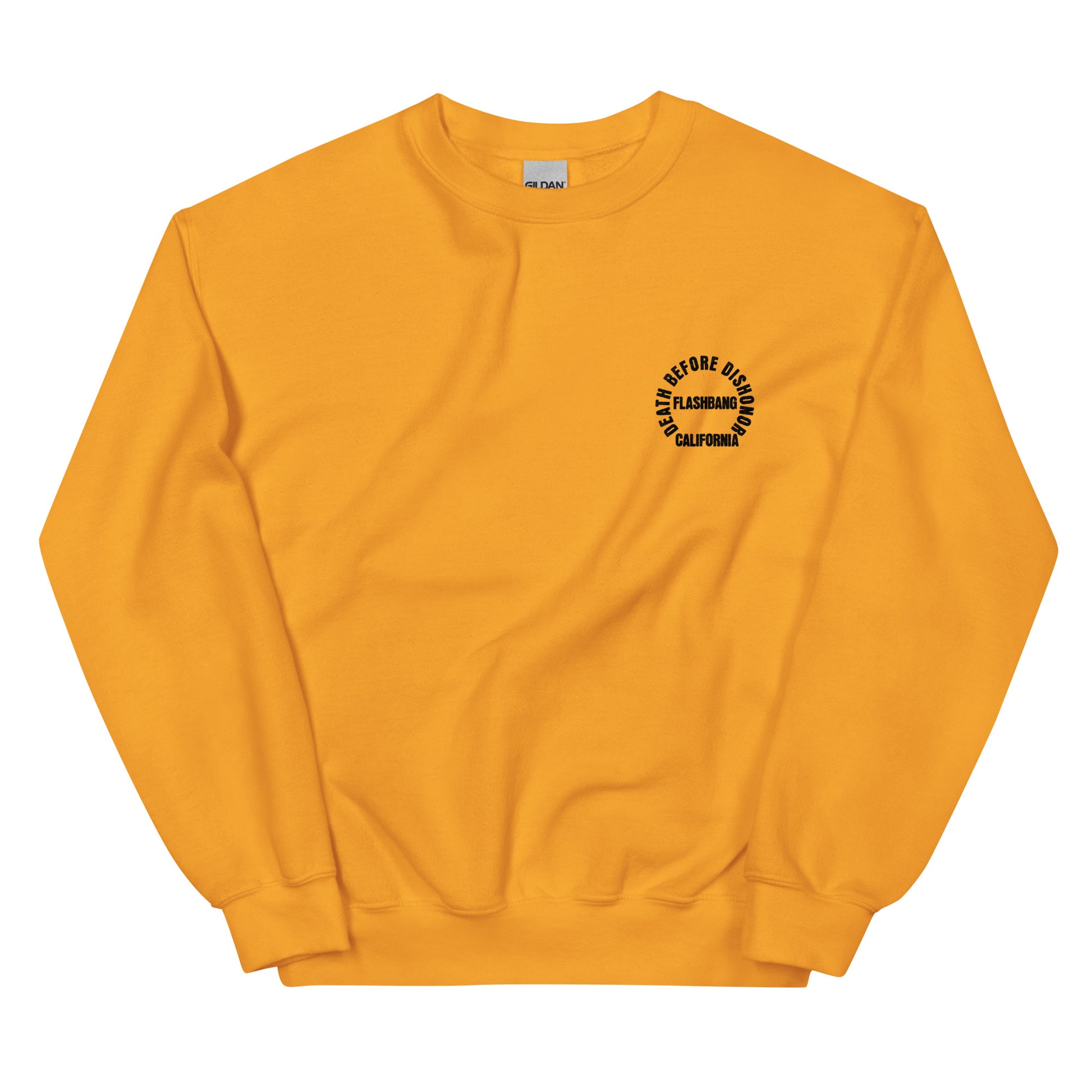 Yellow sweatshirt with a black logo on a white background