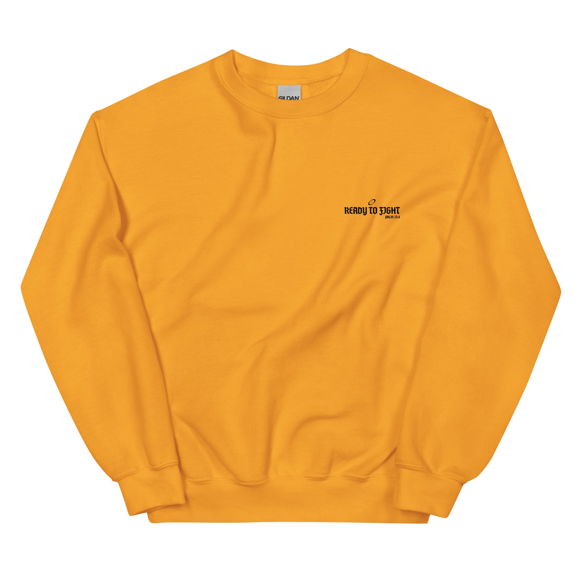 Yellow sweatshirt with a small black logo on a white background