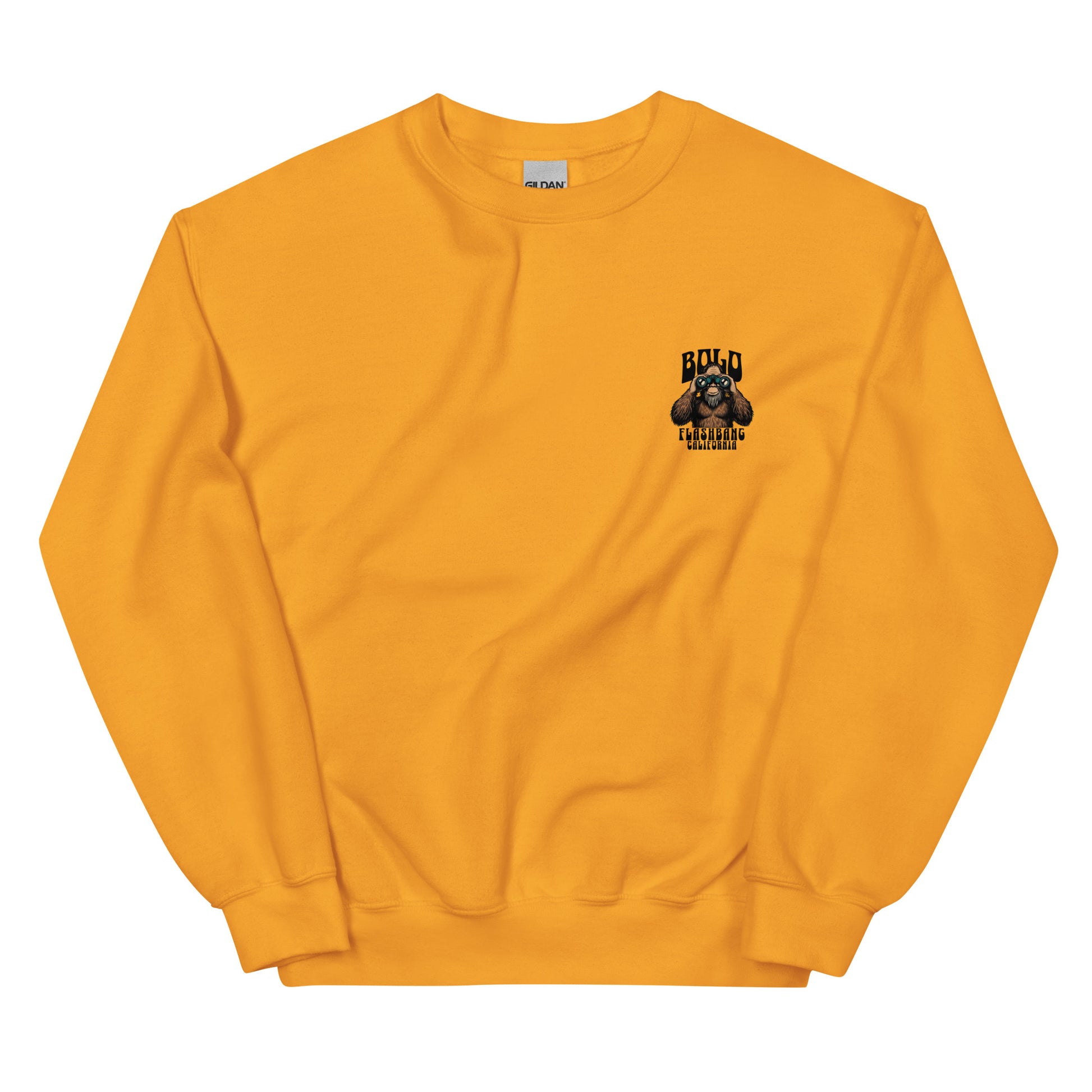 Yellow sweatshirt with a small black graphic on the chest against a white background