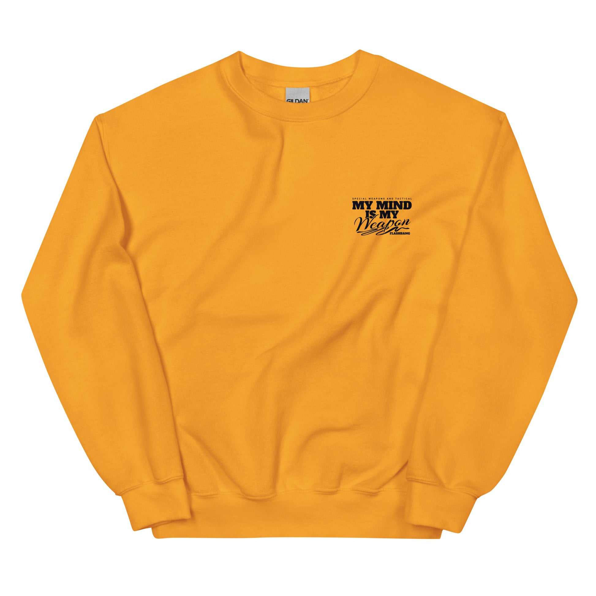 Yellow sweatshirt with black text on a white background