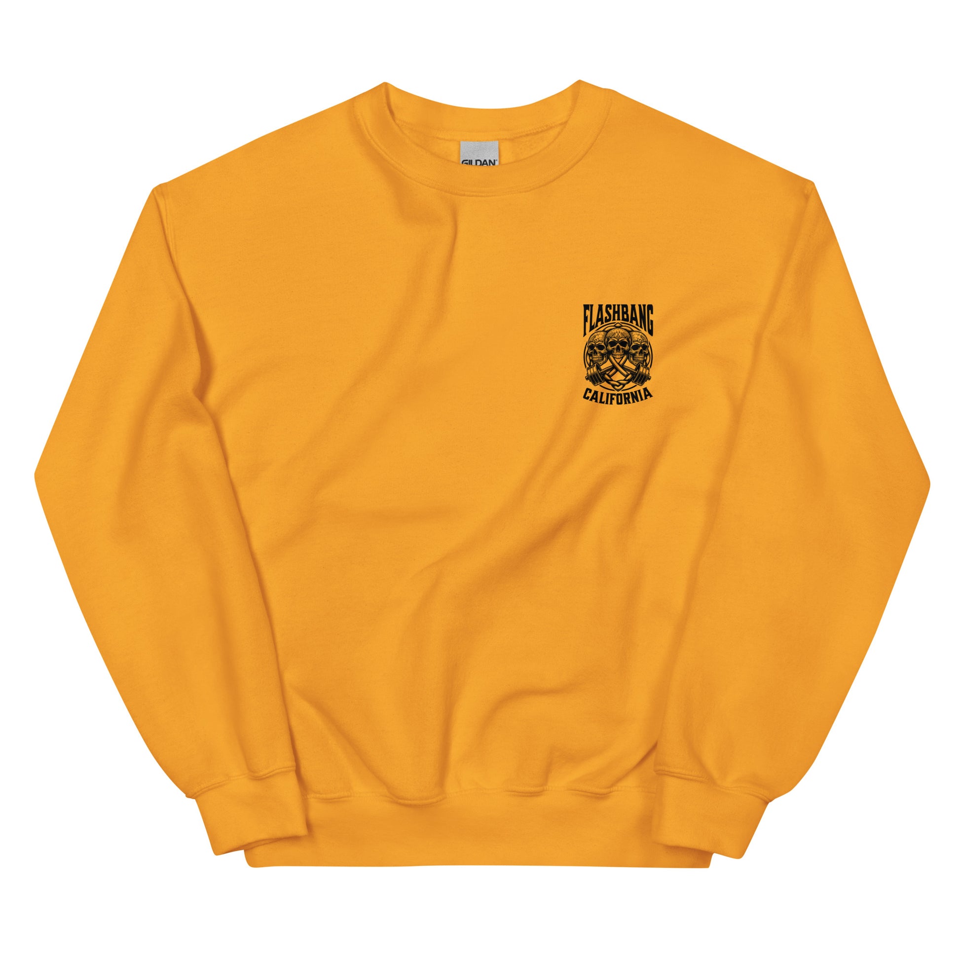 Yellow sweatshirt with a logo on the chest against a white background